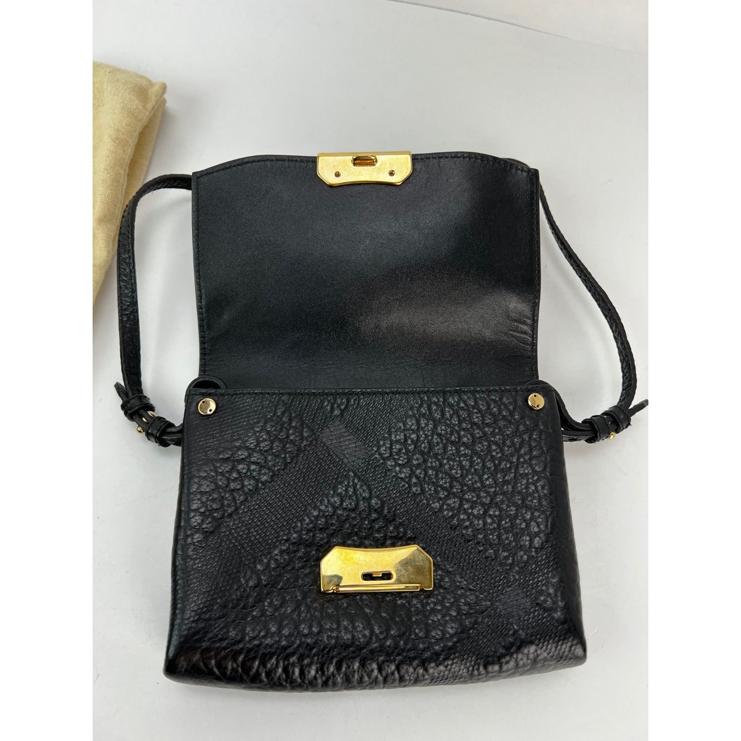 Burberry Signature Grain Leather Check Embossed Langley Black Crossbody - 12