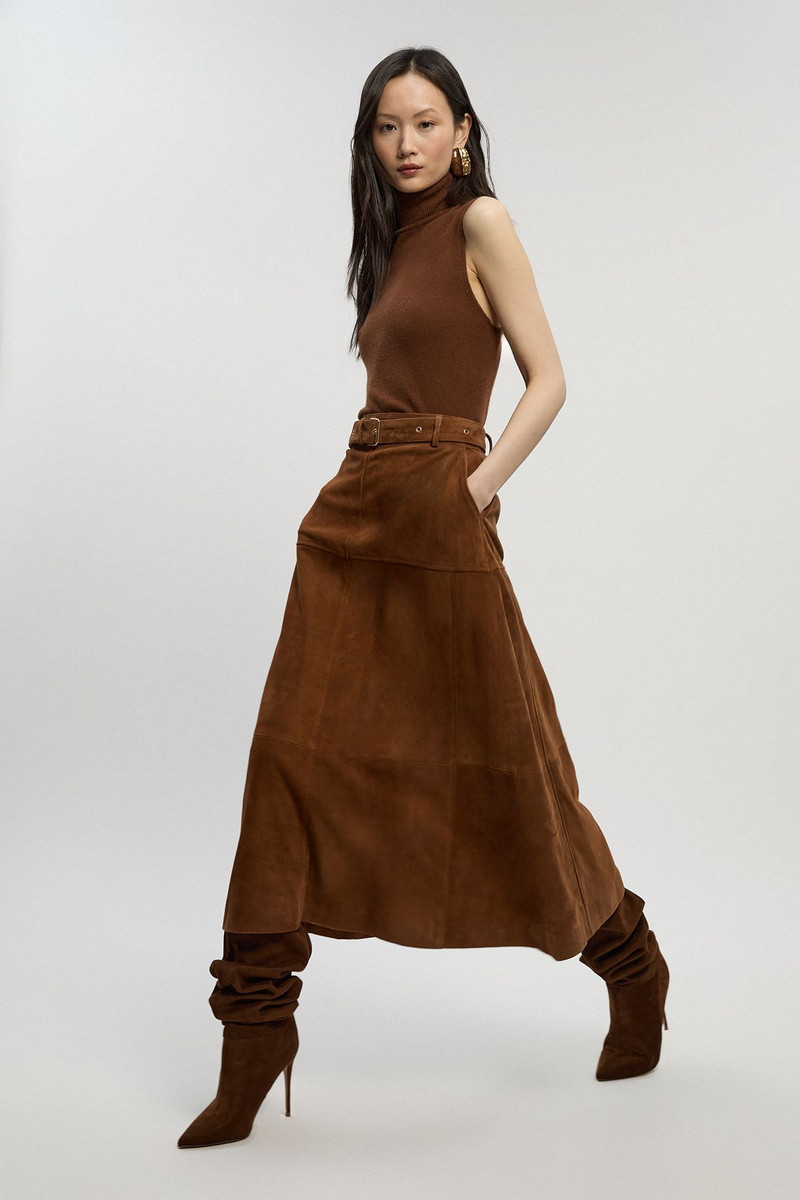 Suede Utility Belted Full Midi Skirt 1
