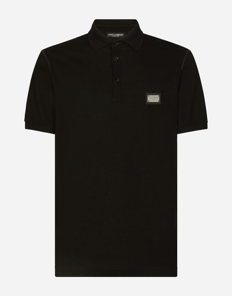 Cotton piqué polo-shirt with branded tag - 1