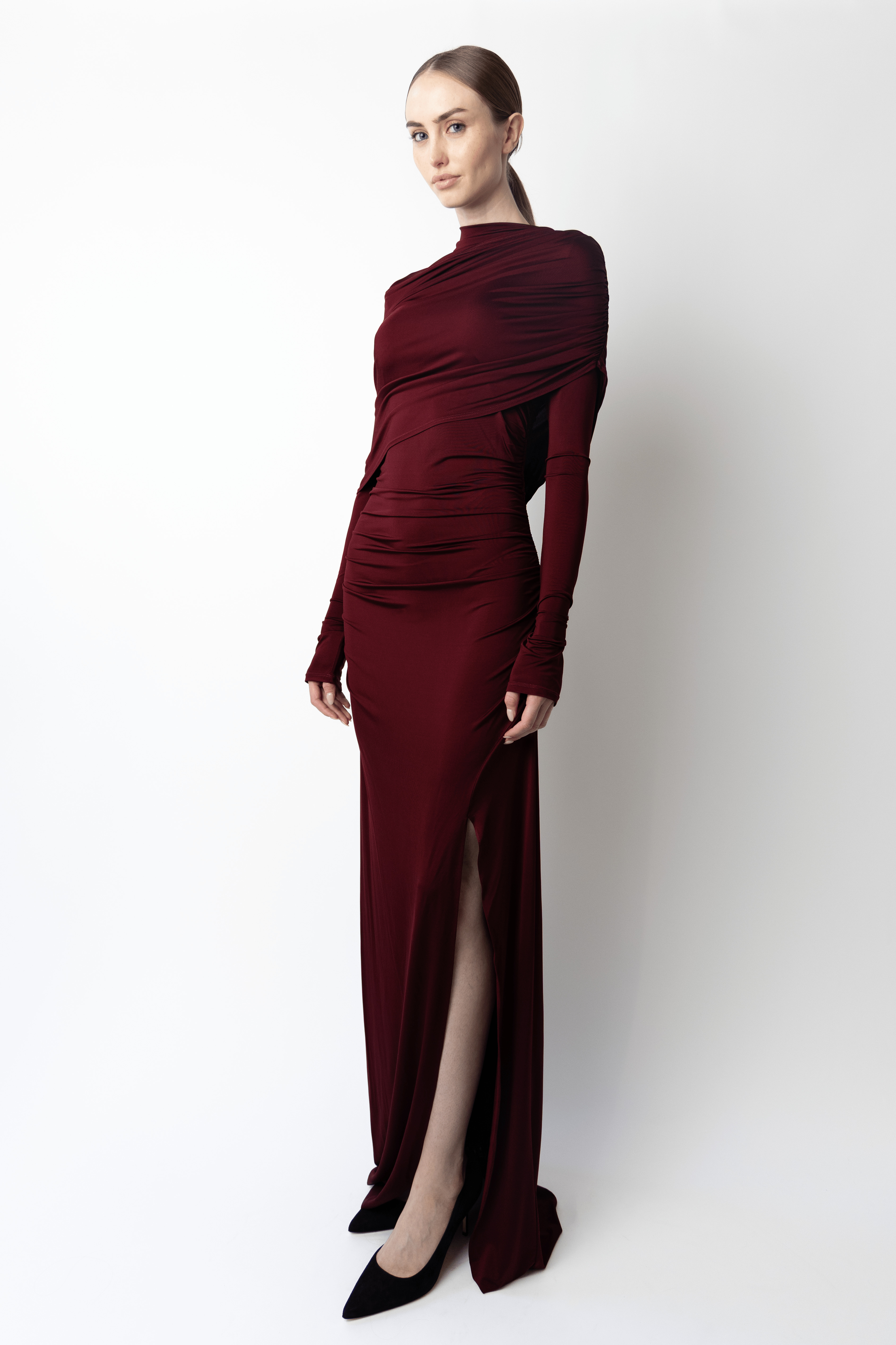 Jersey Asymmetrical Shawl Draped Gown - 3