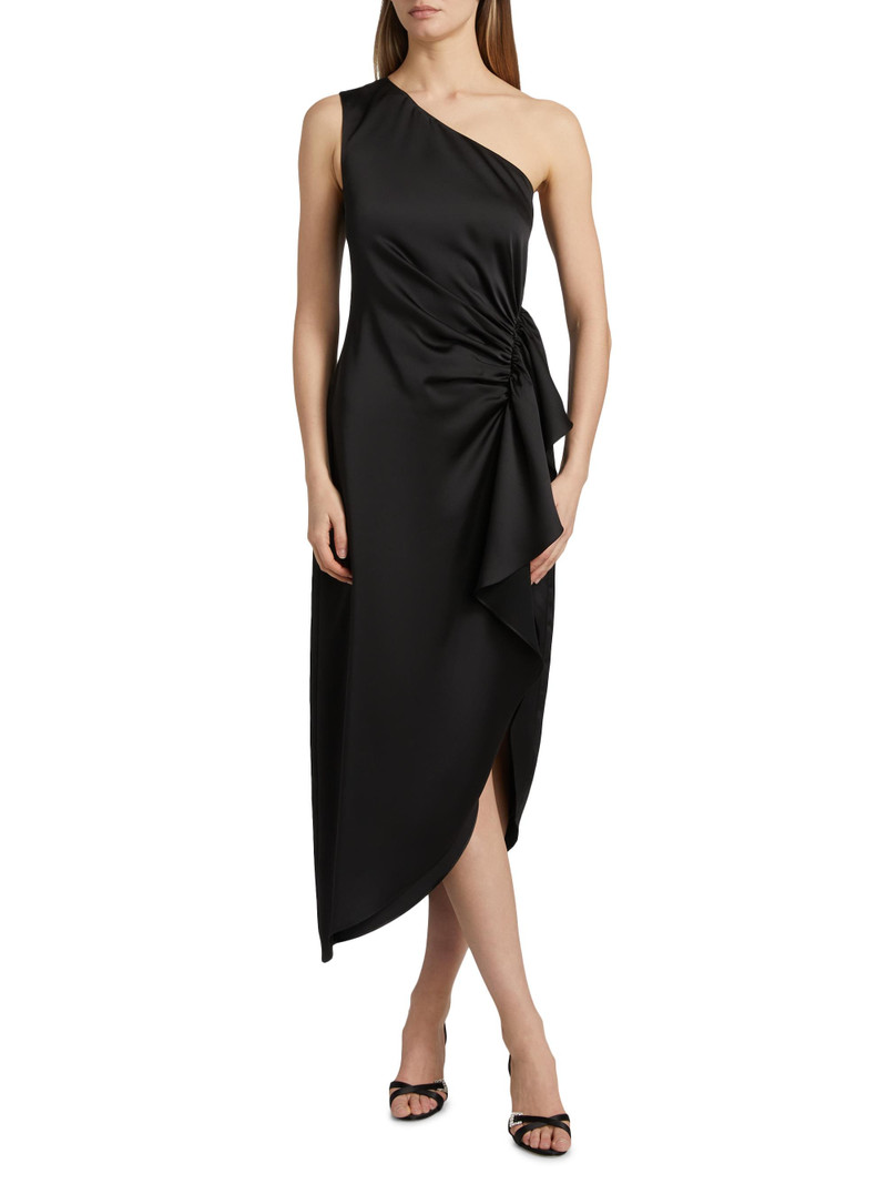 Women's Malika Ruffled Satin One-Shoulder Midi-Dress - Black 3