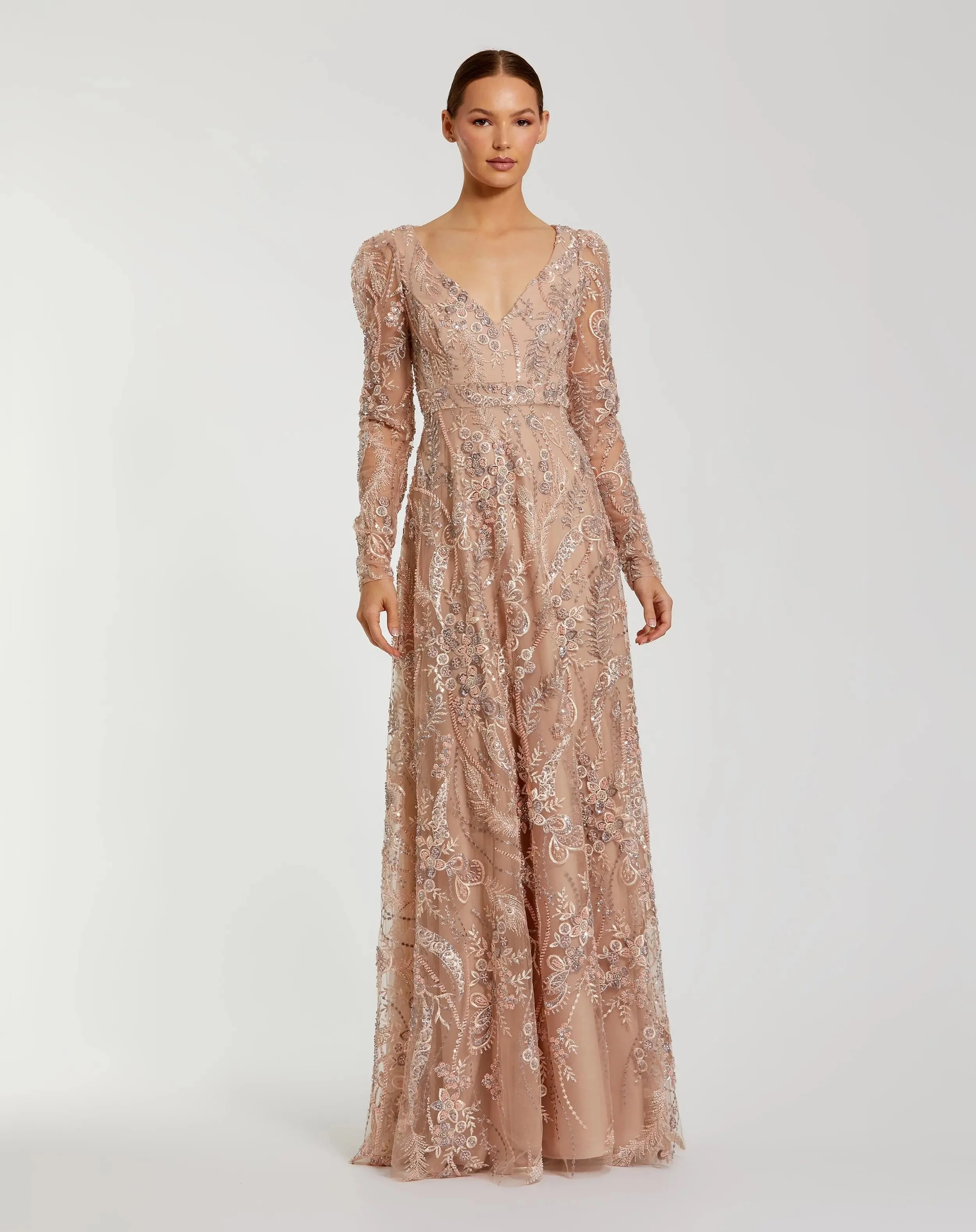 Beige Embroidered Long Sleeve V-Neck Gown - 1