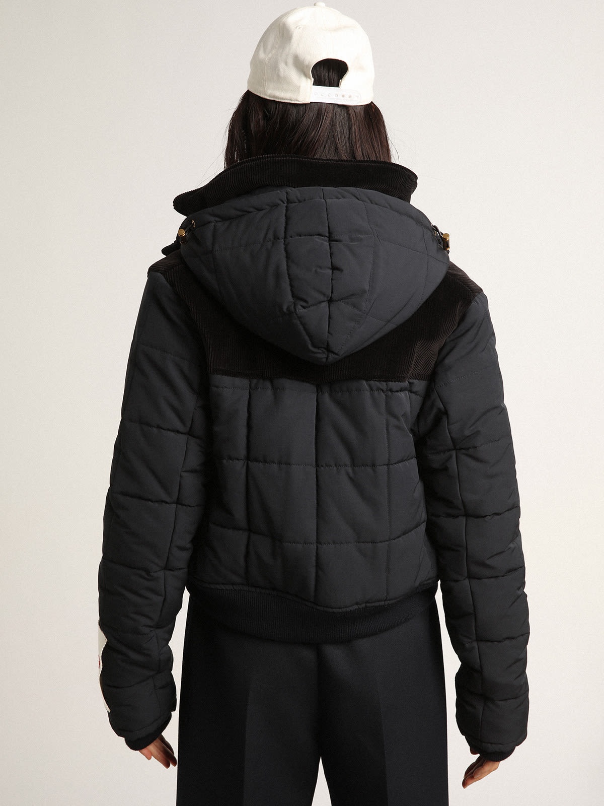 Women’s padded jacket in dark blue nylon and black cotton corduroy - 4