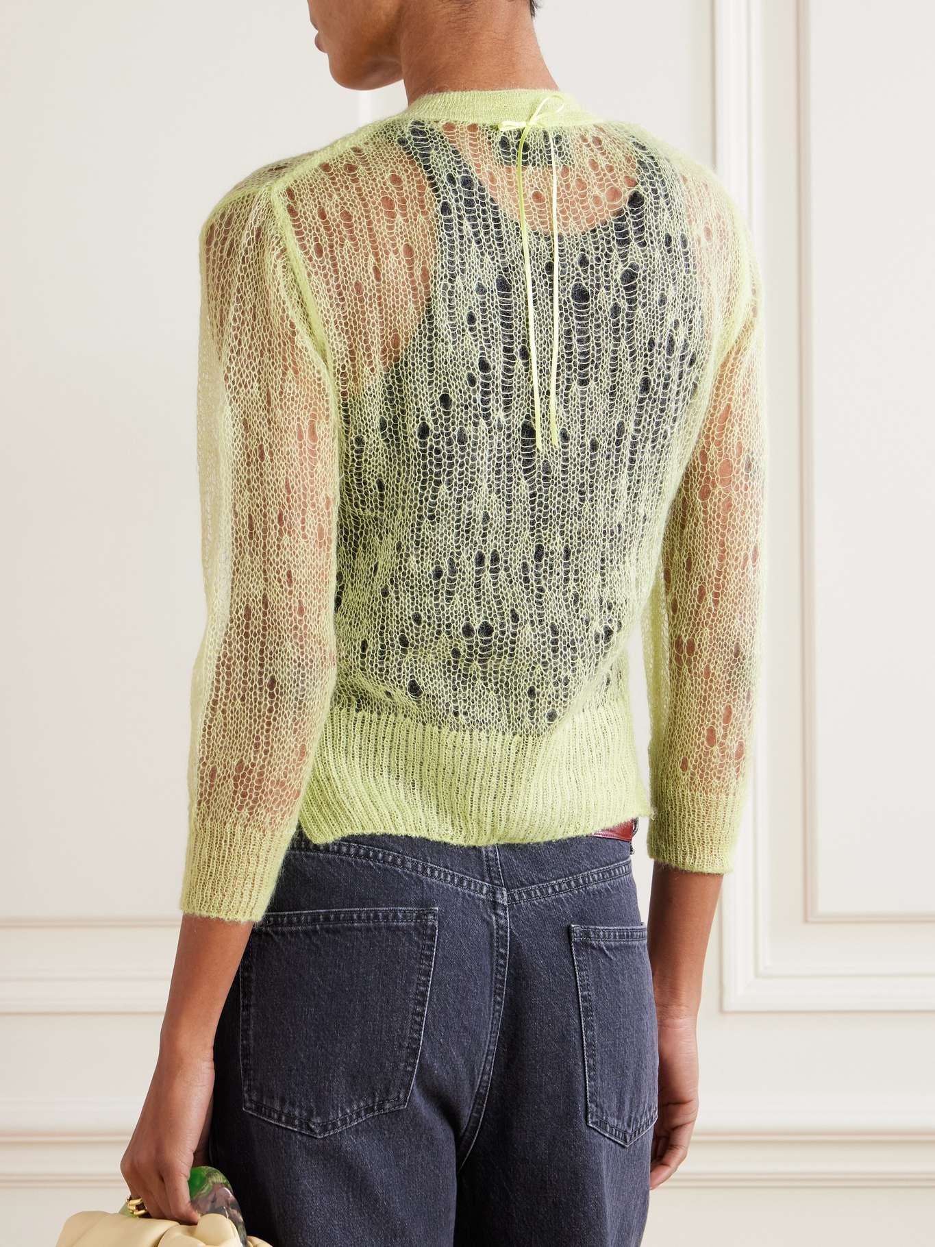Cropped bow-embellished open-knit mohair-blend cardigan Light green - 3