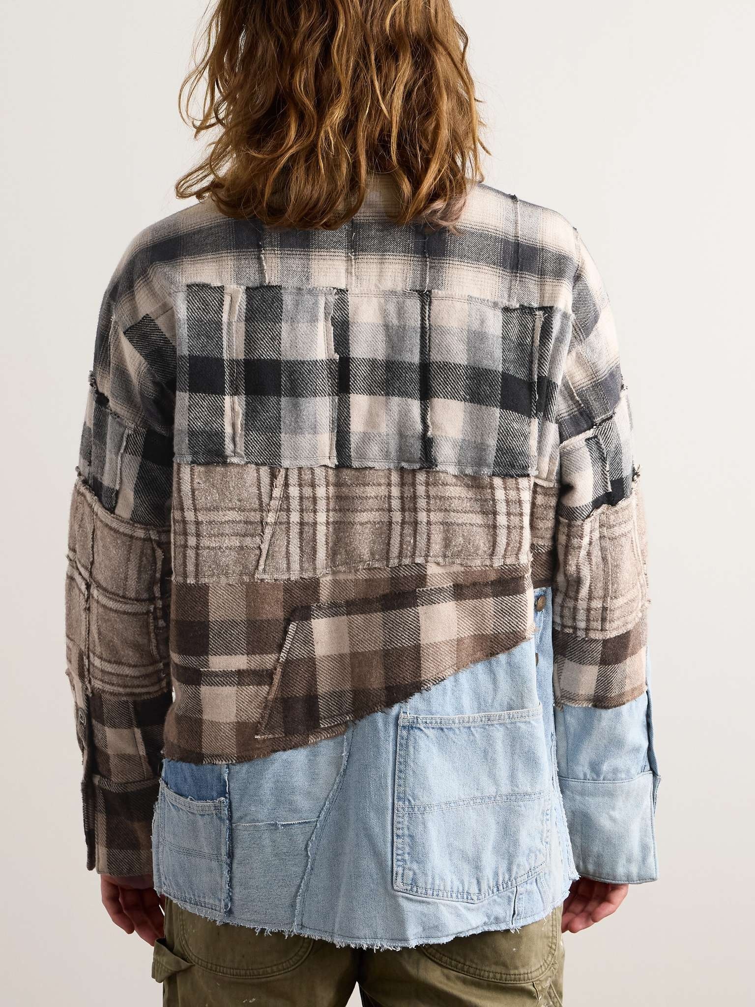 Patchwork Denim-Trimmed Checked Flannel Overshirt - 4