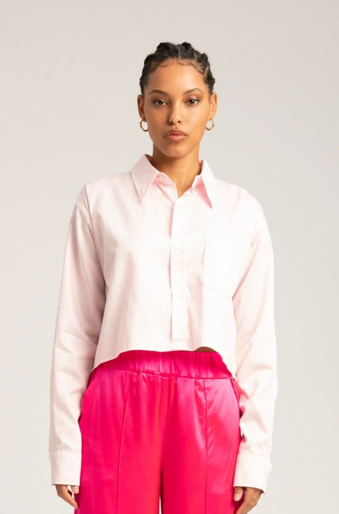POWDER PINK COTTON CROPPED BUTTON DOWN - 1