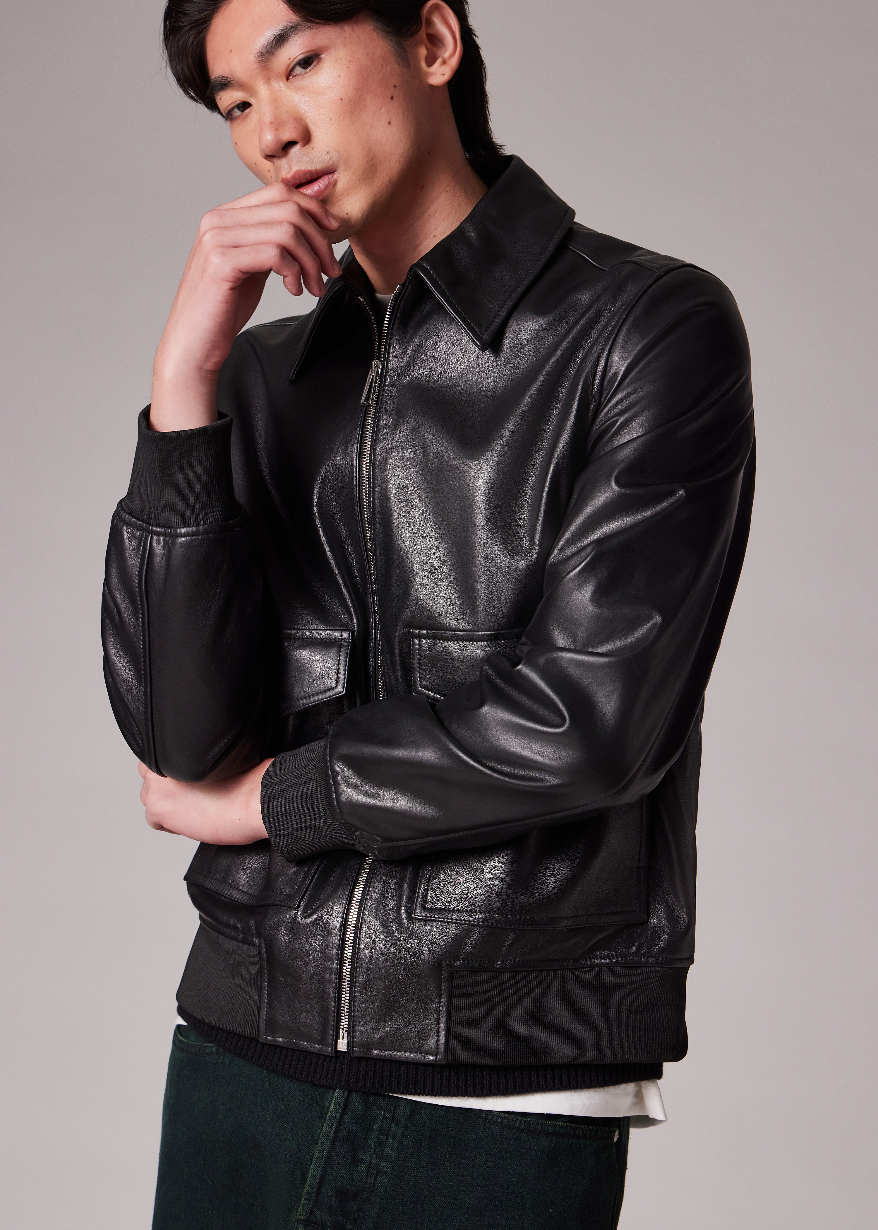 Black Leather Patch-Pocket Jacket - 5