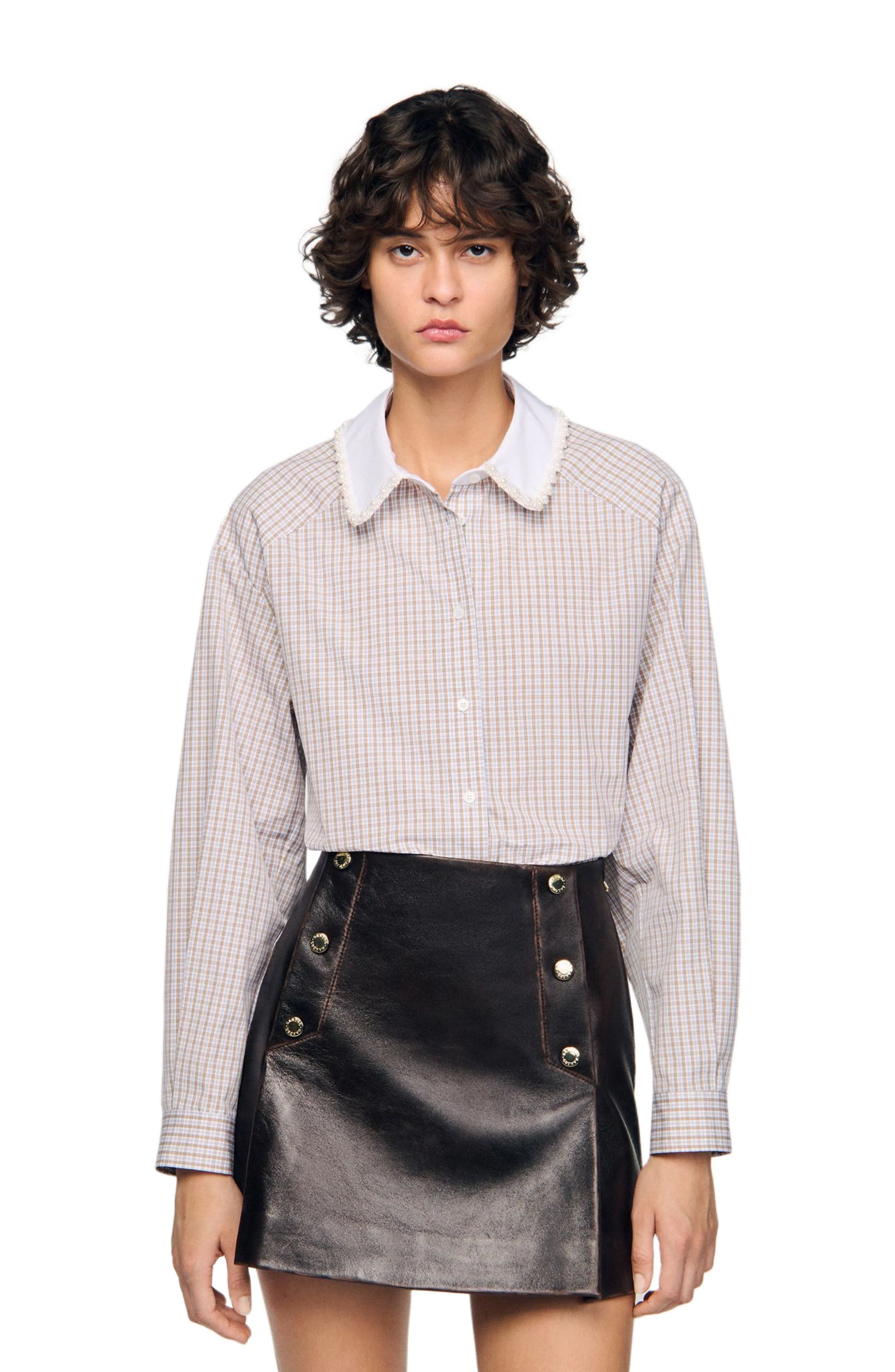 SANDRO Plaid and pearl collar shirt in Beige /White at Nordstrom - 1