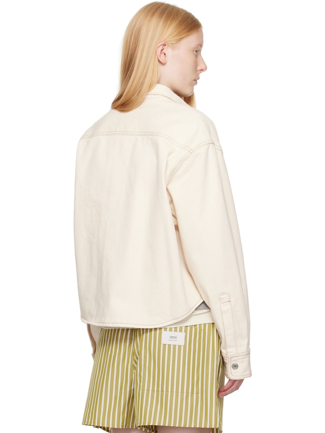 Beige Cotton Ami de Coeur Cropped Denim Shirt - 3
