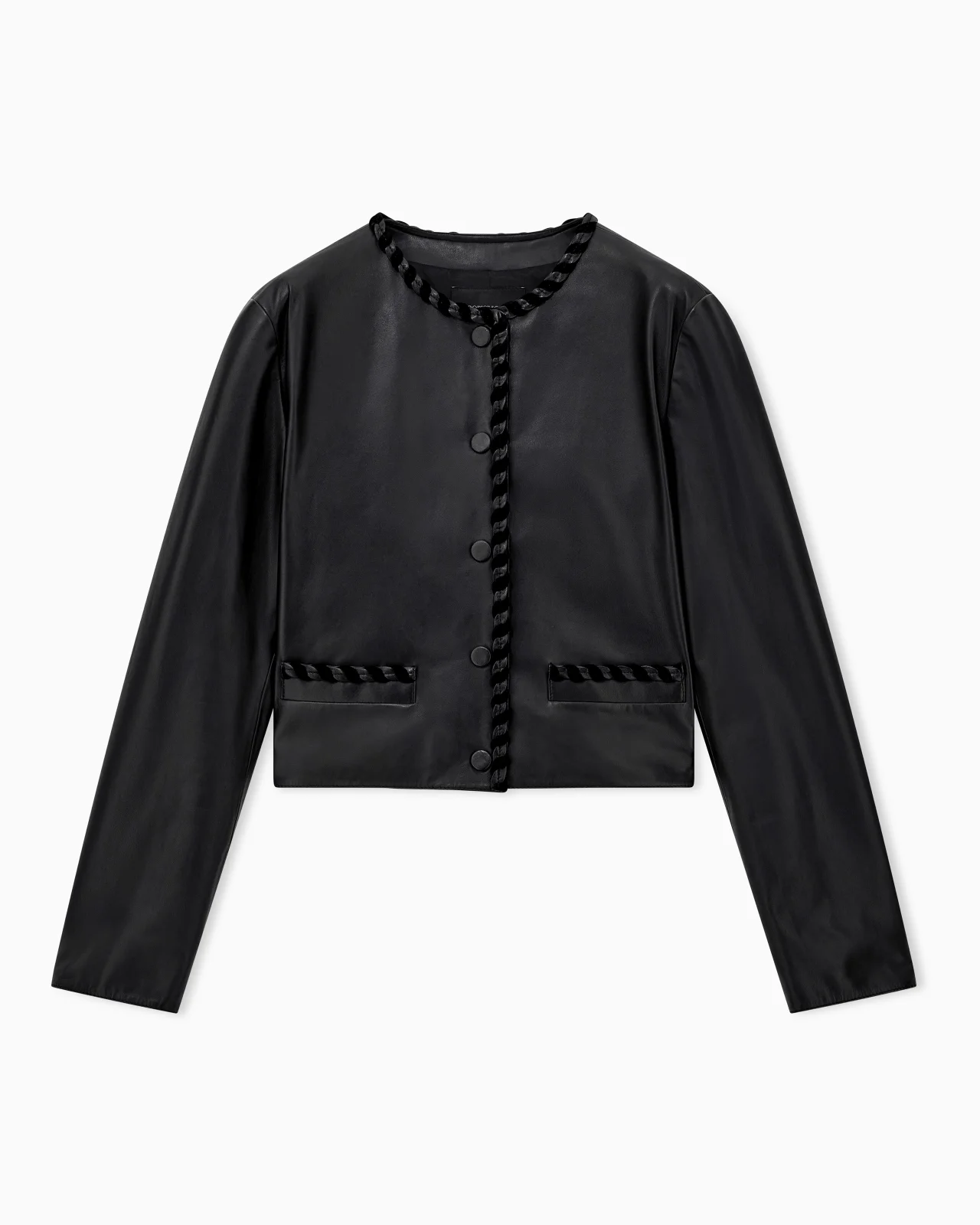 CROPPED LEATHER JACKET WITH BRAIDED TRIM AND BUTTON CLOSURE - 1