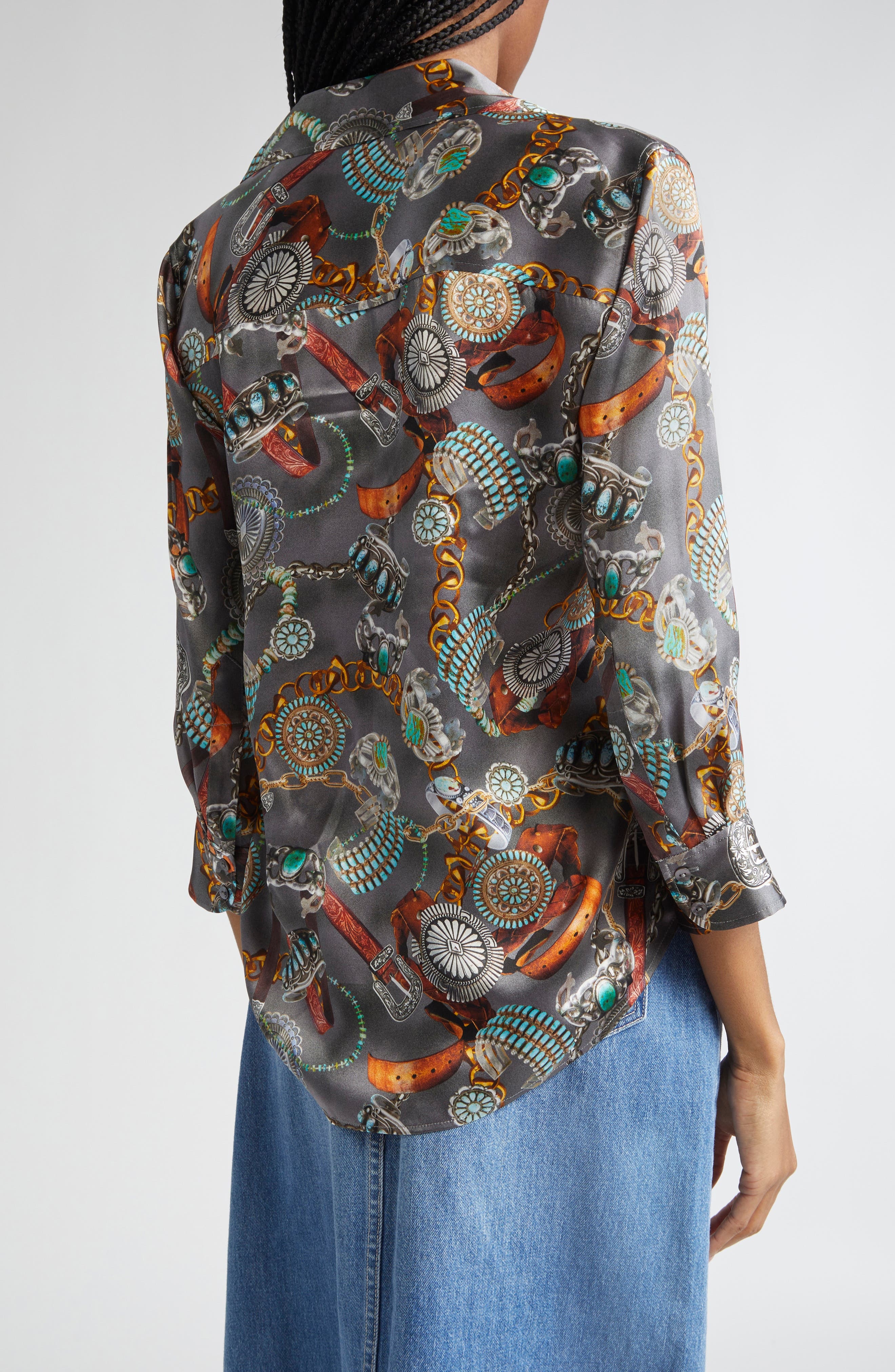 L'AGENCE Dani Three-Quarter Sleeve Silk Button-Up Shirt in Multi Western Belt Print at Nordstrom - 3