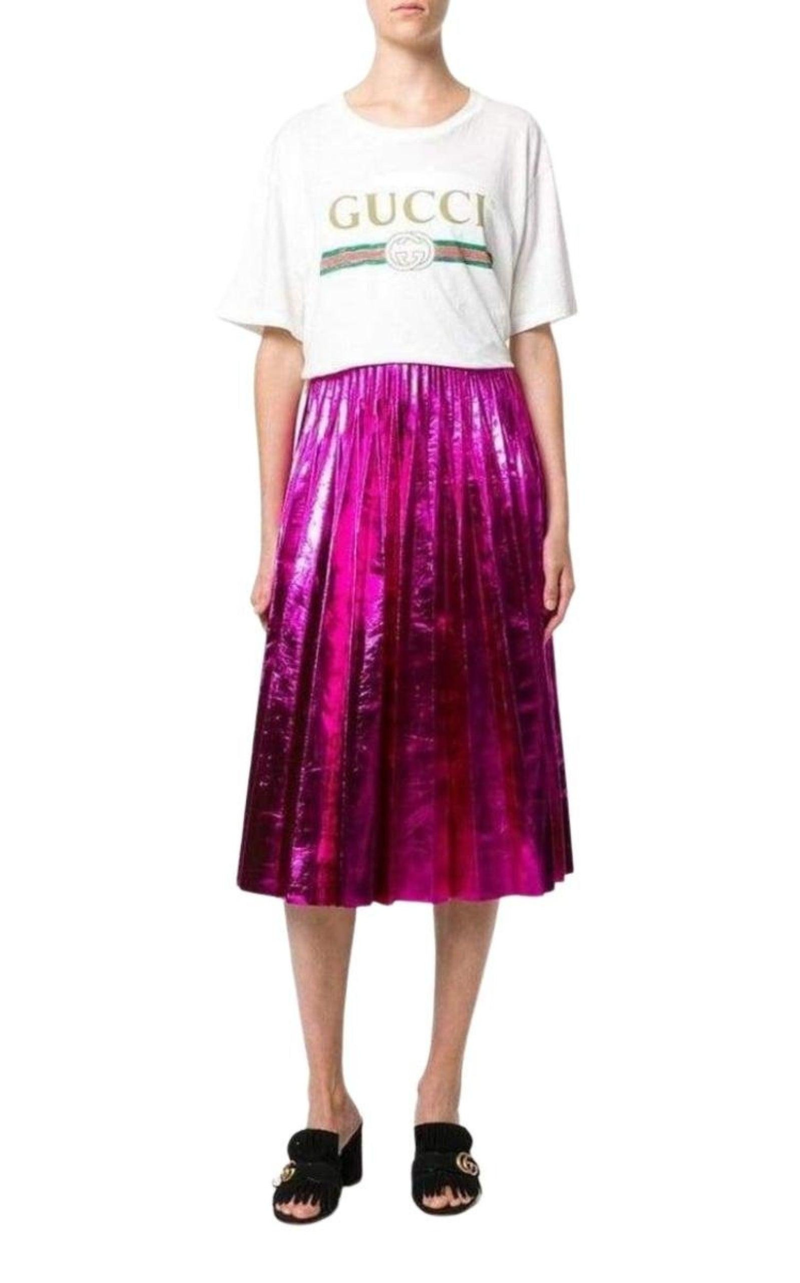 Pleated Metallic Leather Midi Skirt - 2