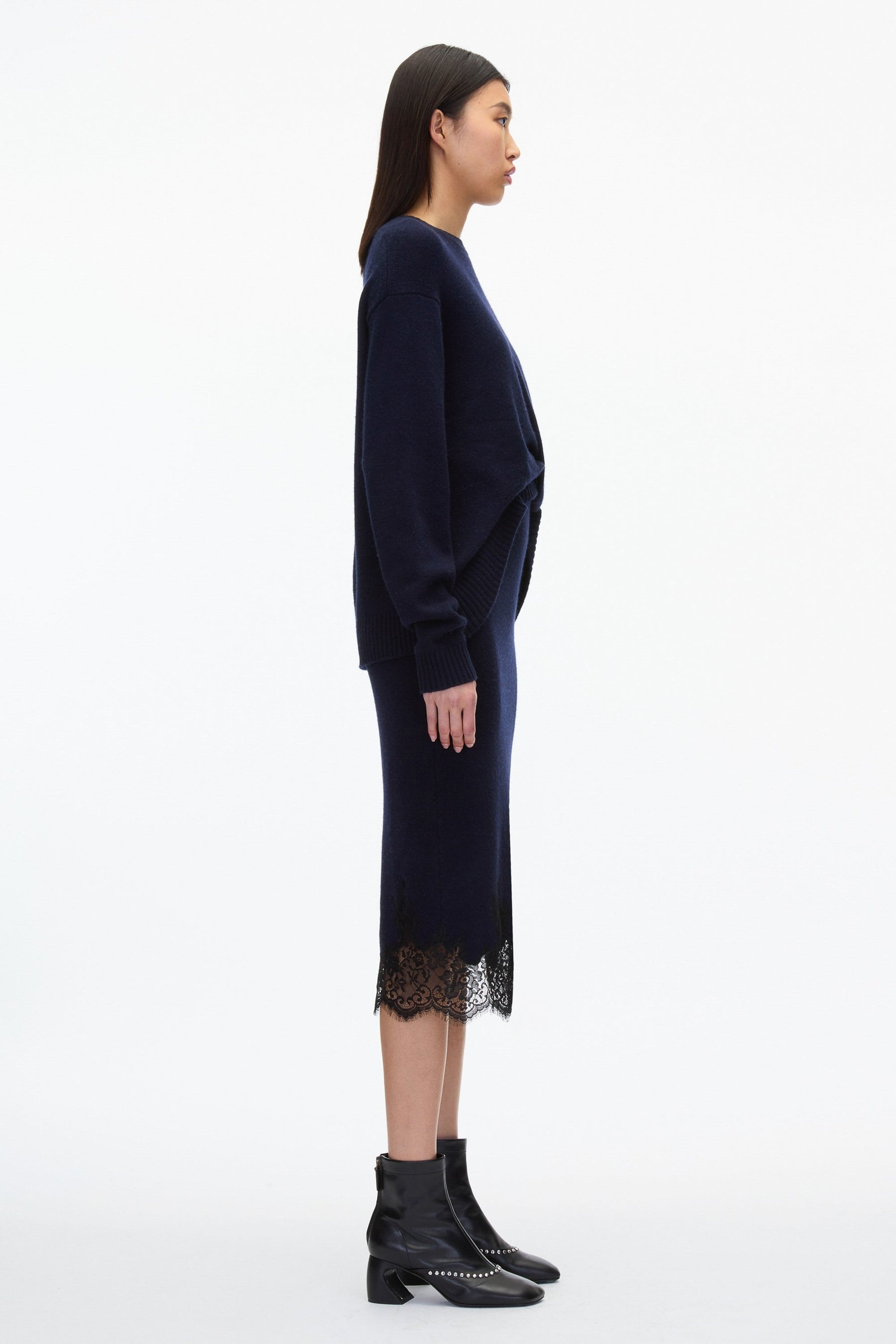 French Tuck Knit Dress with Lace Trim - 3