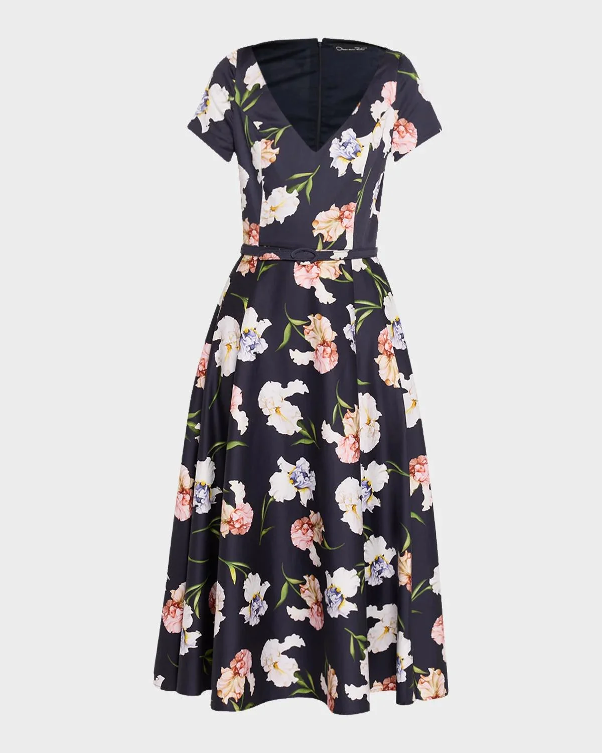 Short-Sleeve Painted Iris Cotton Belted Midi Dress - 1