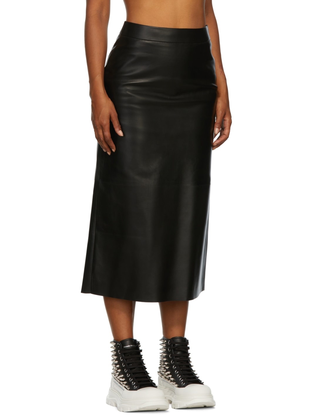 Black Leather Midi Skirt - 2