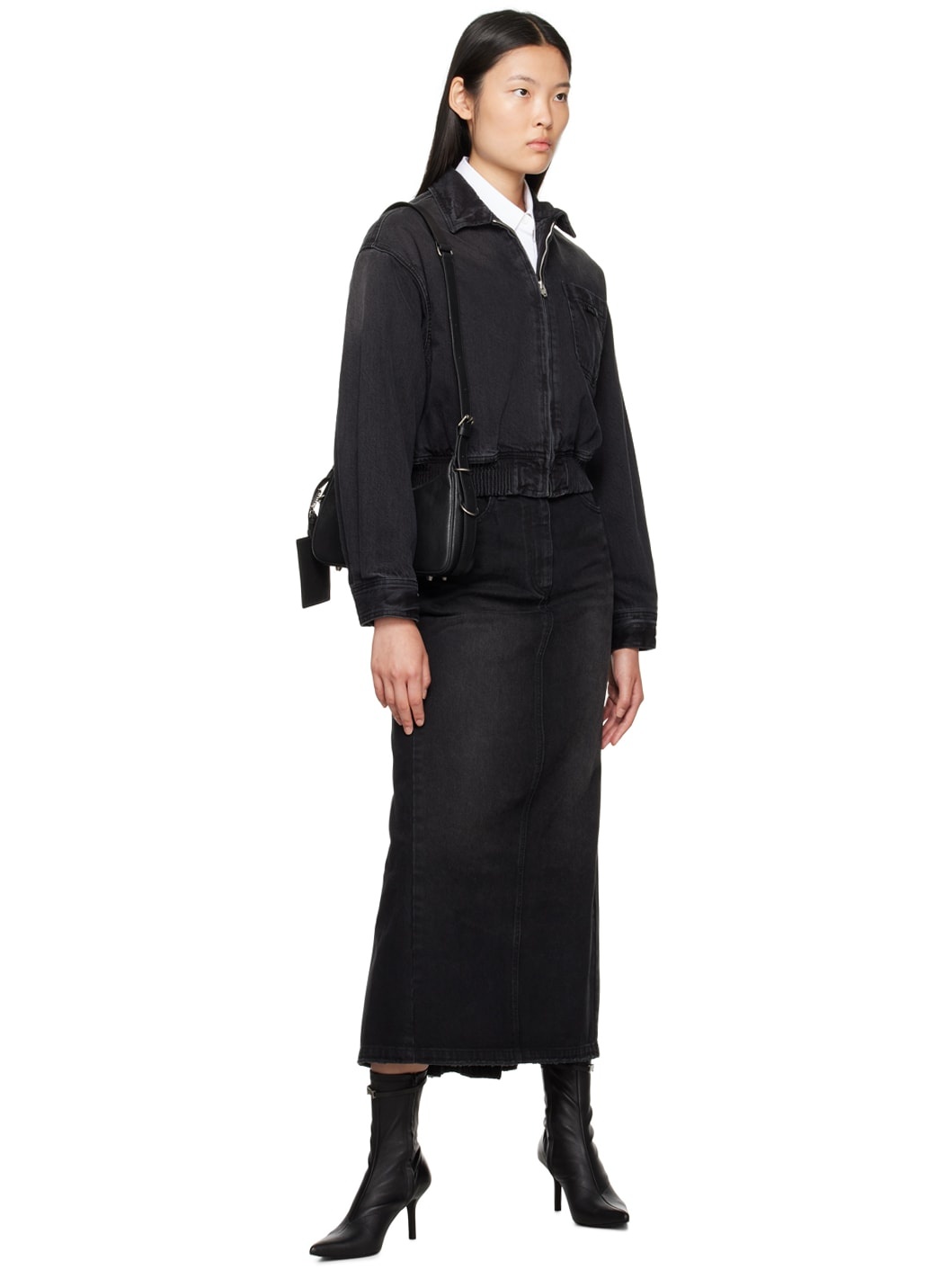 Black Faded Denim Maxi Skirt - 4