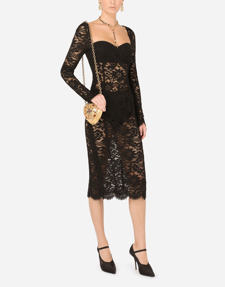 Lace calf-length dress with scalloped detailing - 7