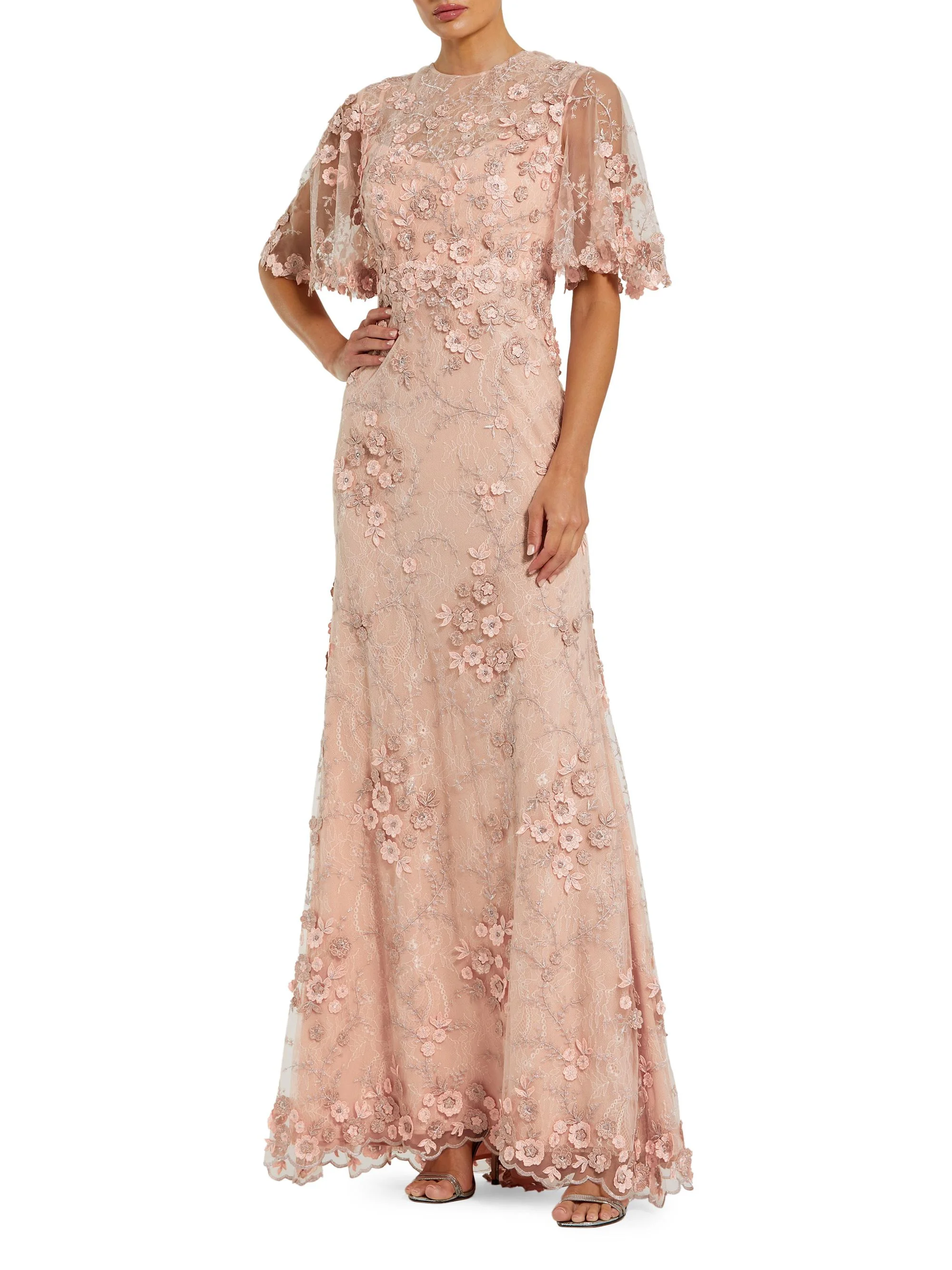 Women's Embellished Lace Flutter-Sleeve Gown - Rose - 1