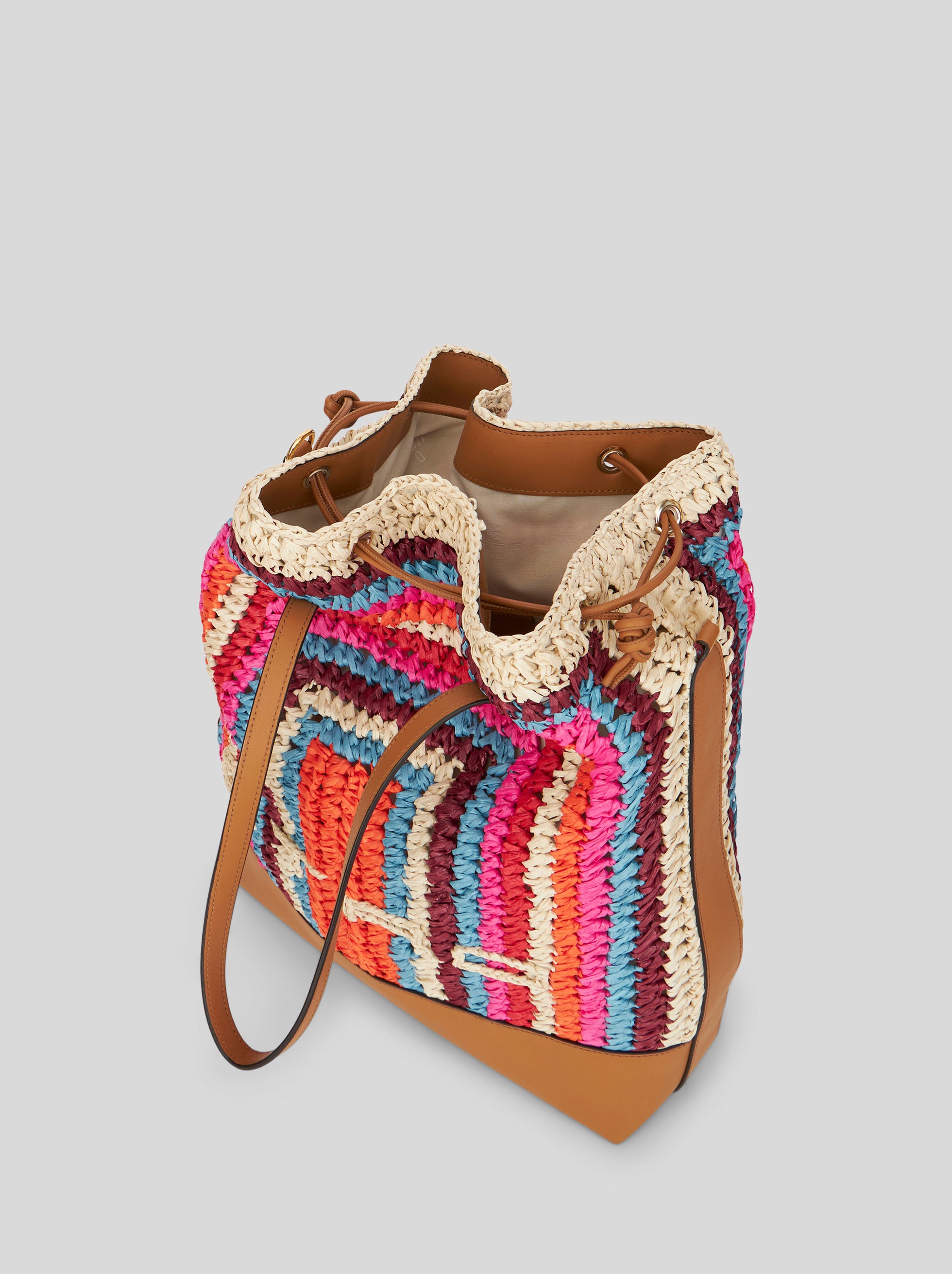 LARGE MULTI-COLOURED STRIPED RAFFIA BUCKET BAG - 4