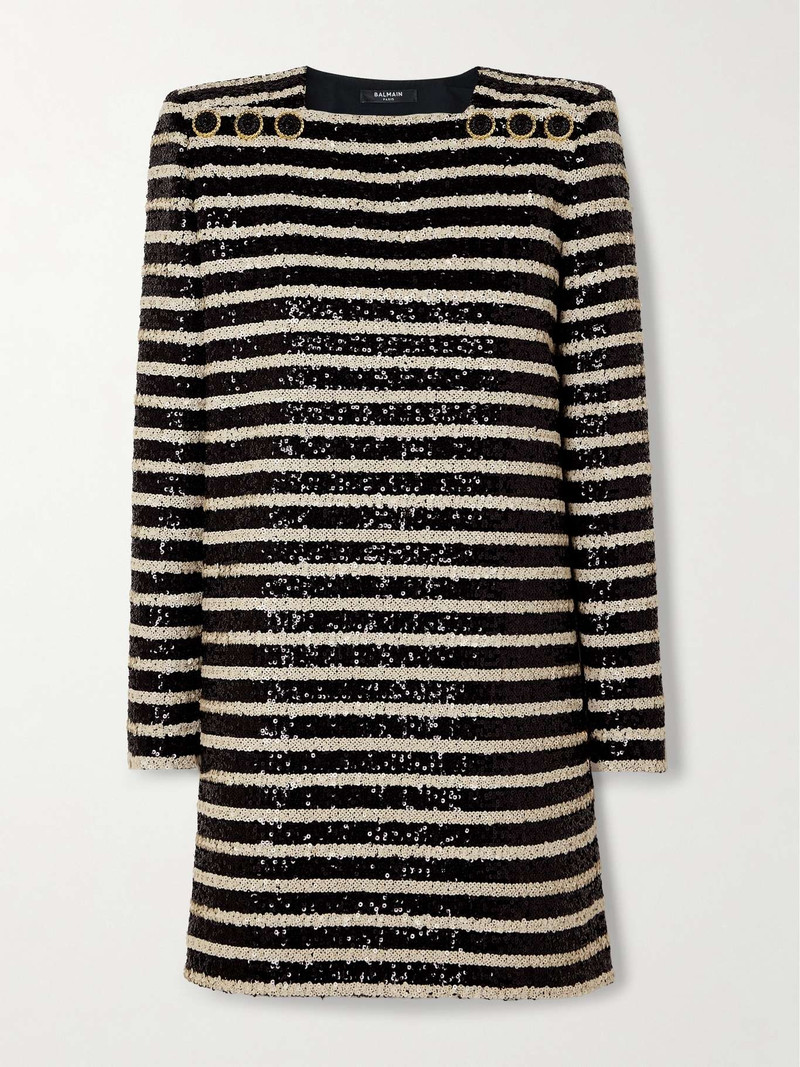Balmain Sequined embellished striped tulle mini dress - DF1R9181XJ31 |  REVERSIBLE