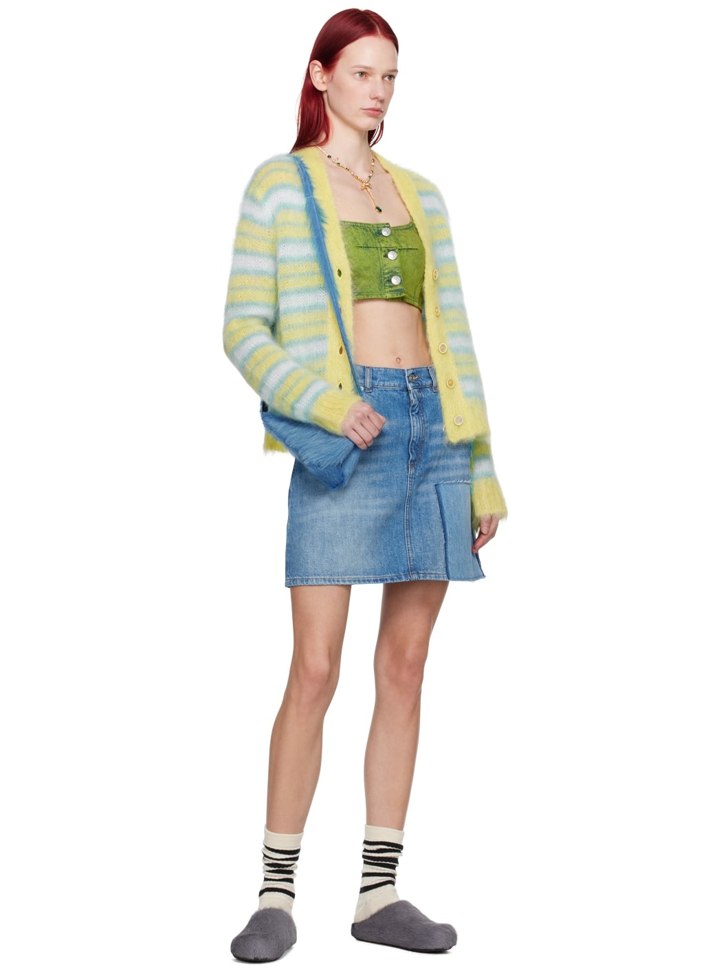 Green Paneled Denim Tank Top - 4