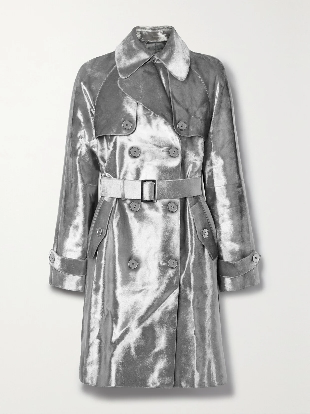 Belted Double-breasted Metallic Calf Hair Trench Coat - 1