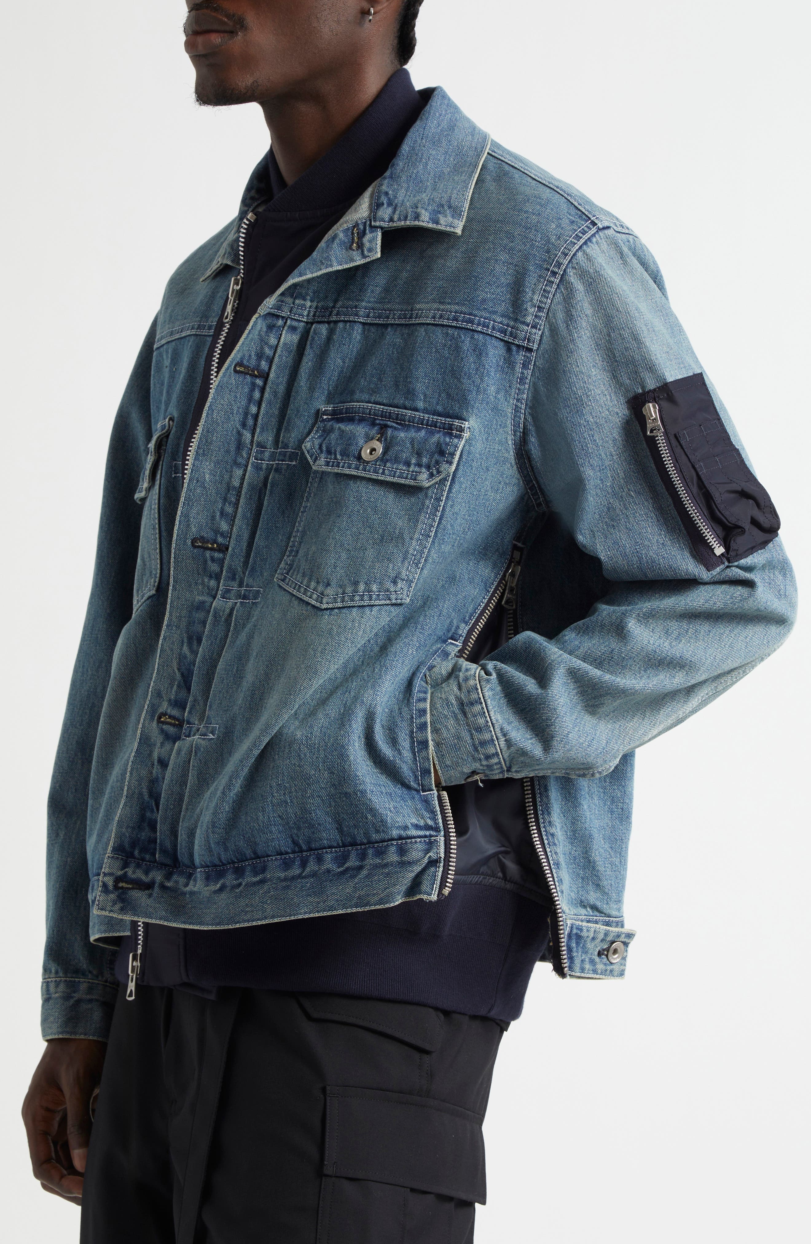 Sacai Layered Mixed Media Trucker Jacket in Light Blue at Nordstrom - 5