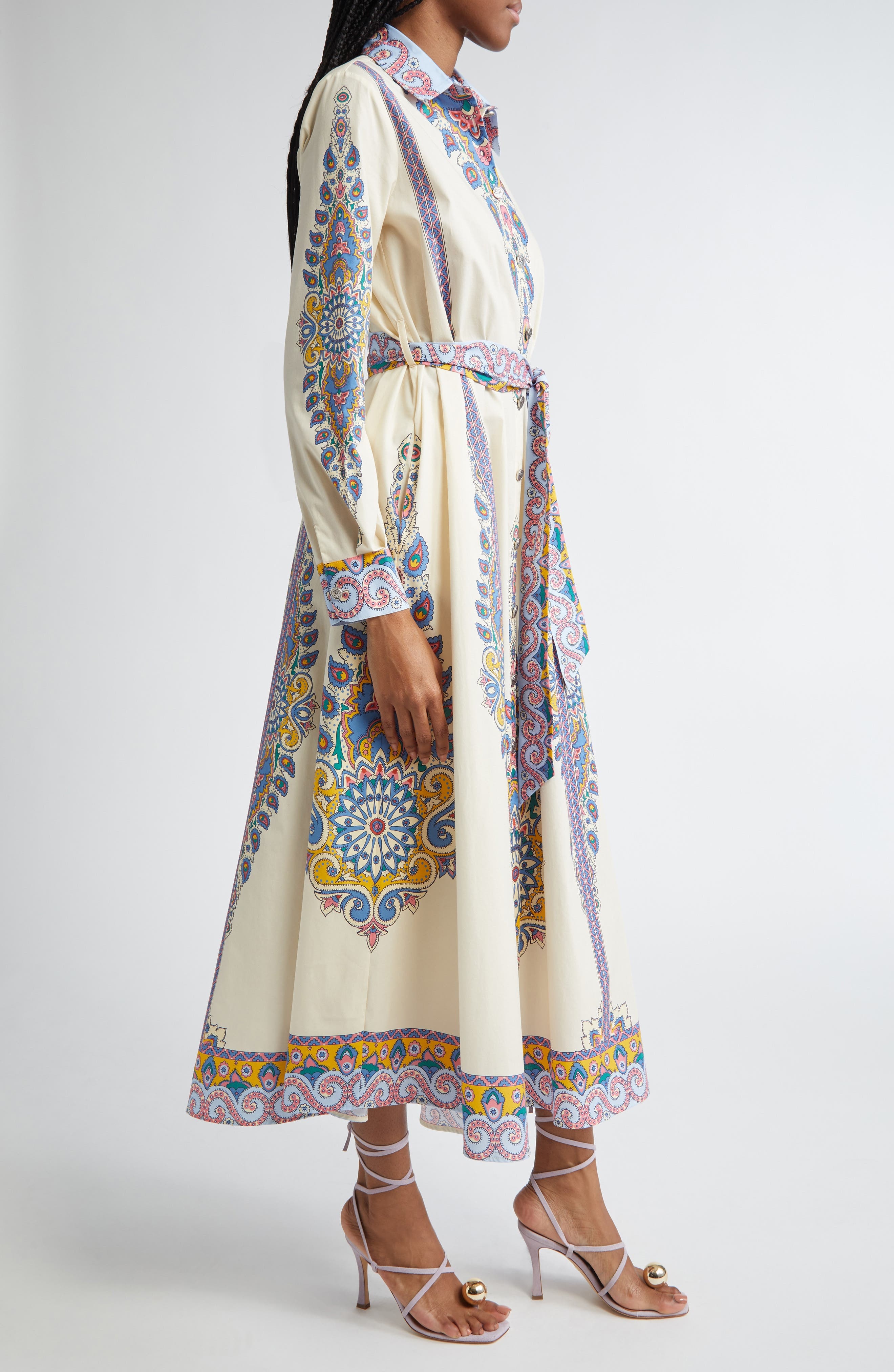 Etro Paisley Print Long Sleeve Belted Stretch Cotton Shirtdress in Stampa F.do Bianco at Nordstrom - 3