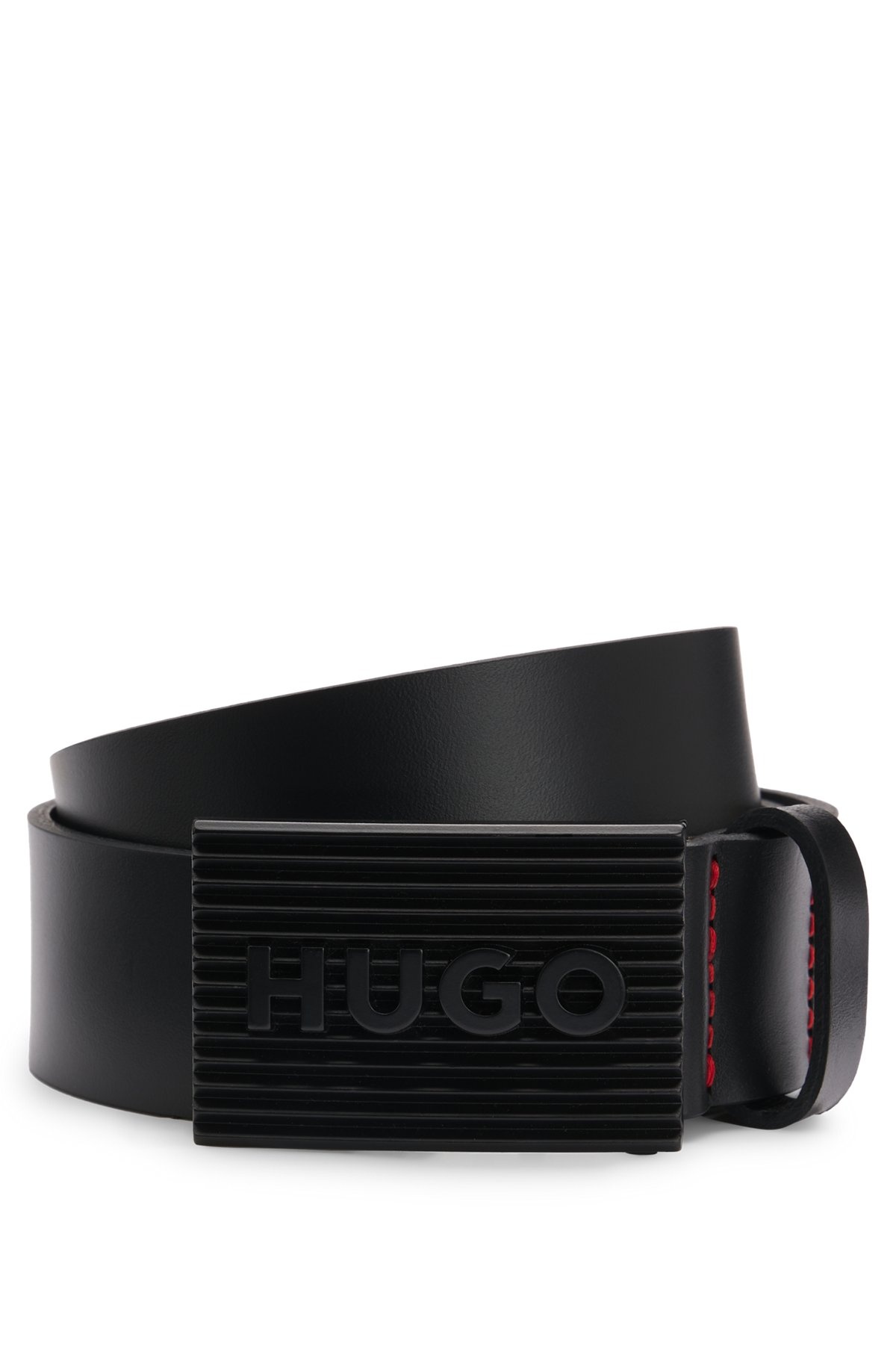ITALIAN-LEATHER BELT WITH MATTE-BLACK LOGO PLAQUE BUCKLE - 1