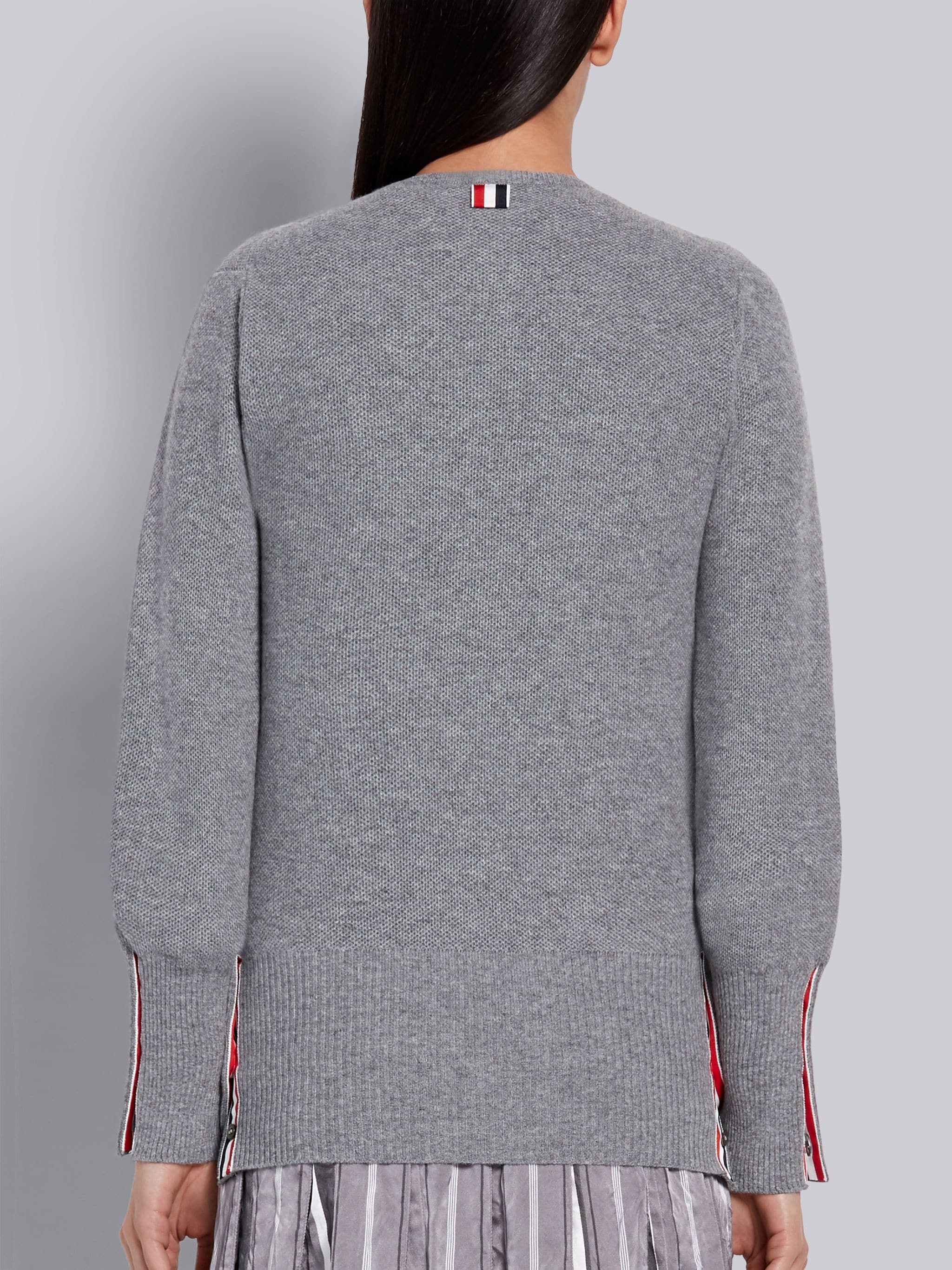 Light Grey Cashmere Pique Stitch Classic Crewneck Cardigan - 3