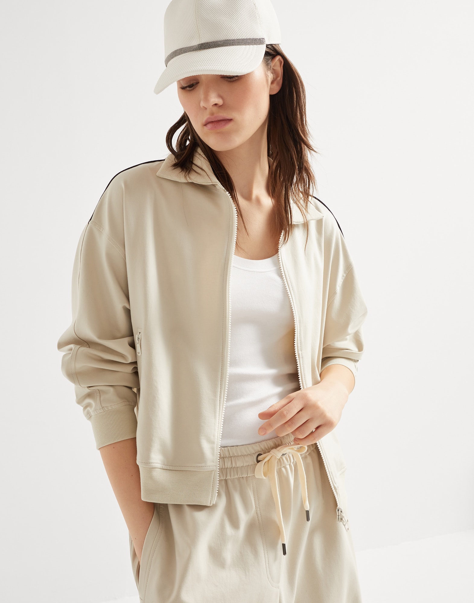 Couture interlock sweatshirt with zipper, piping and monili - 4