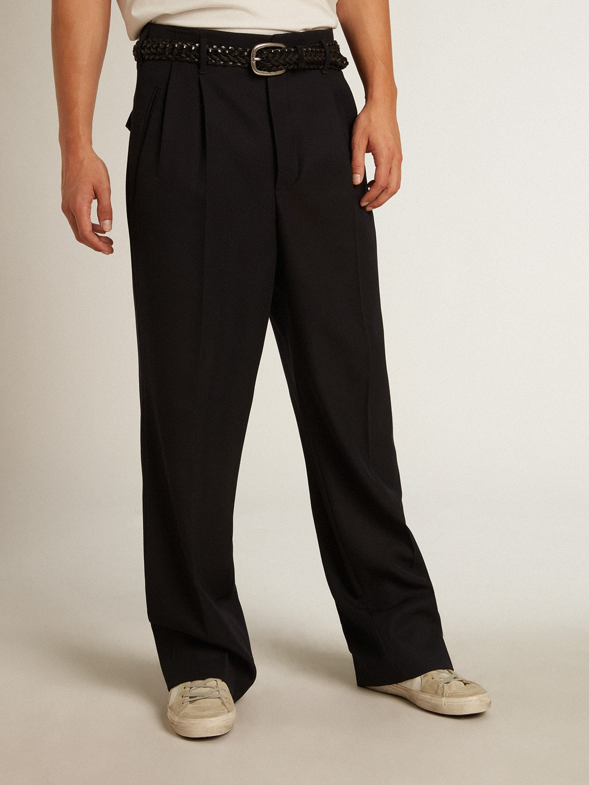 Men's wide leg pants in dark blue wool - 2