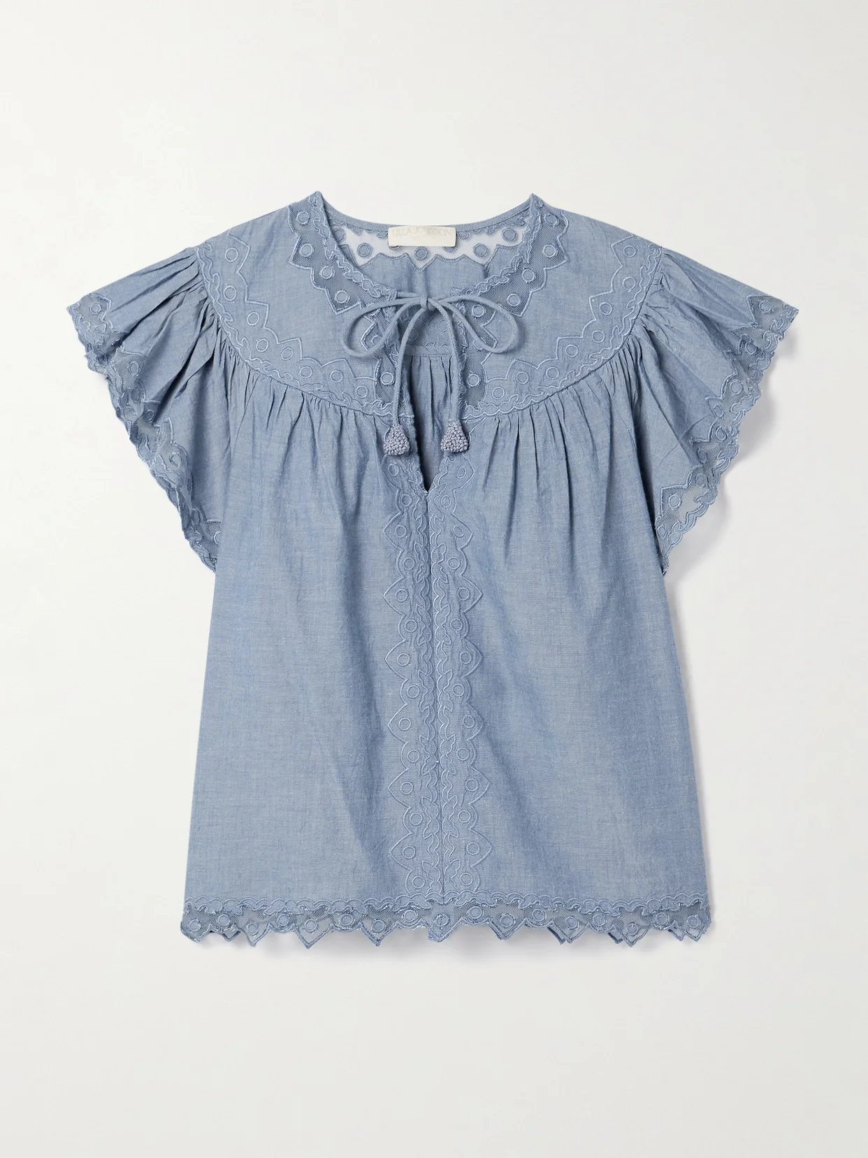 Effie Embroidered Mesh-trimmed Cotton-chambray Blouse - 1