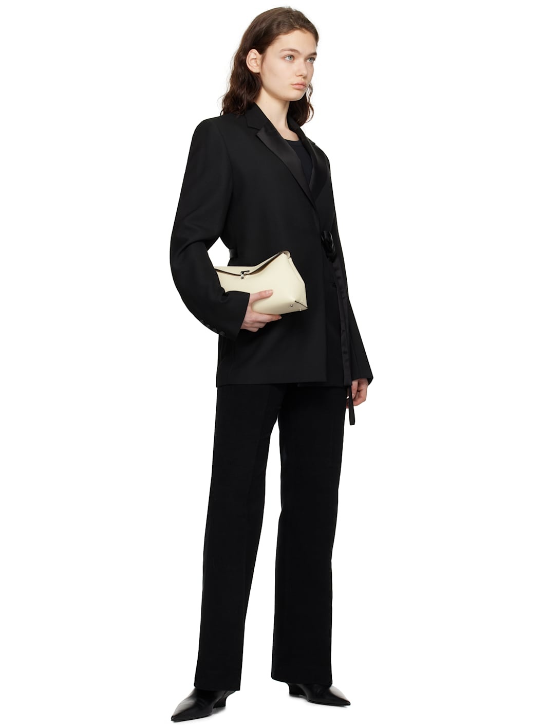 Black Satin-Lapel Wrap Blazer - 5