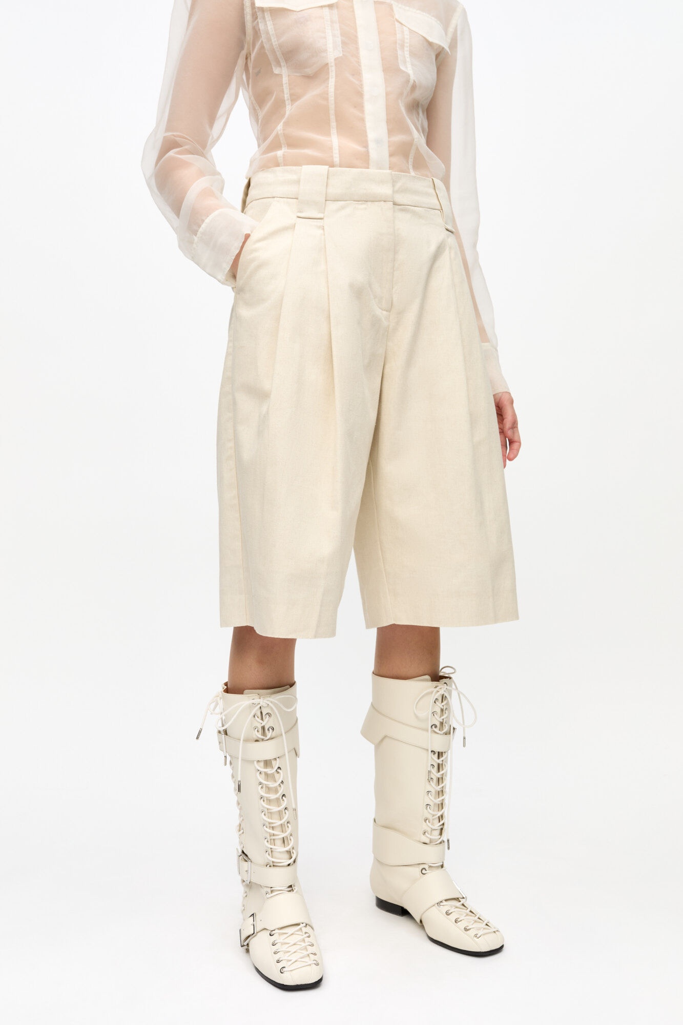 OFF-WHITE COTTON MELANGE TAILORING WIDE SHORTS - 3