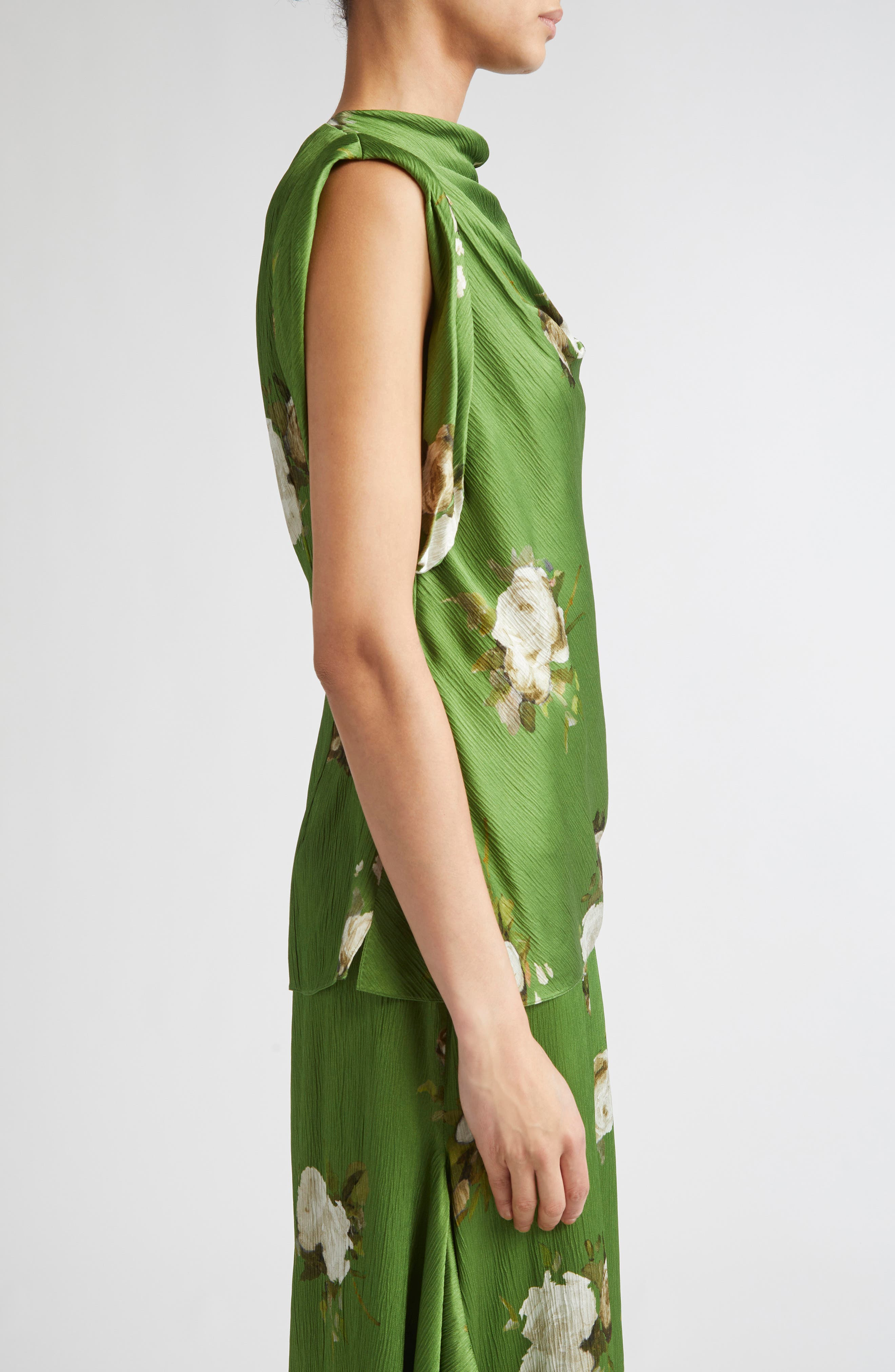 Erdem Painted Rose Print Crinkled Satin Top in Painted Rose Bouquet Olive at Nordstrom - 4