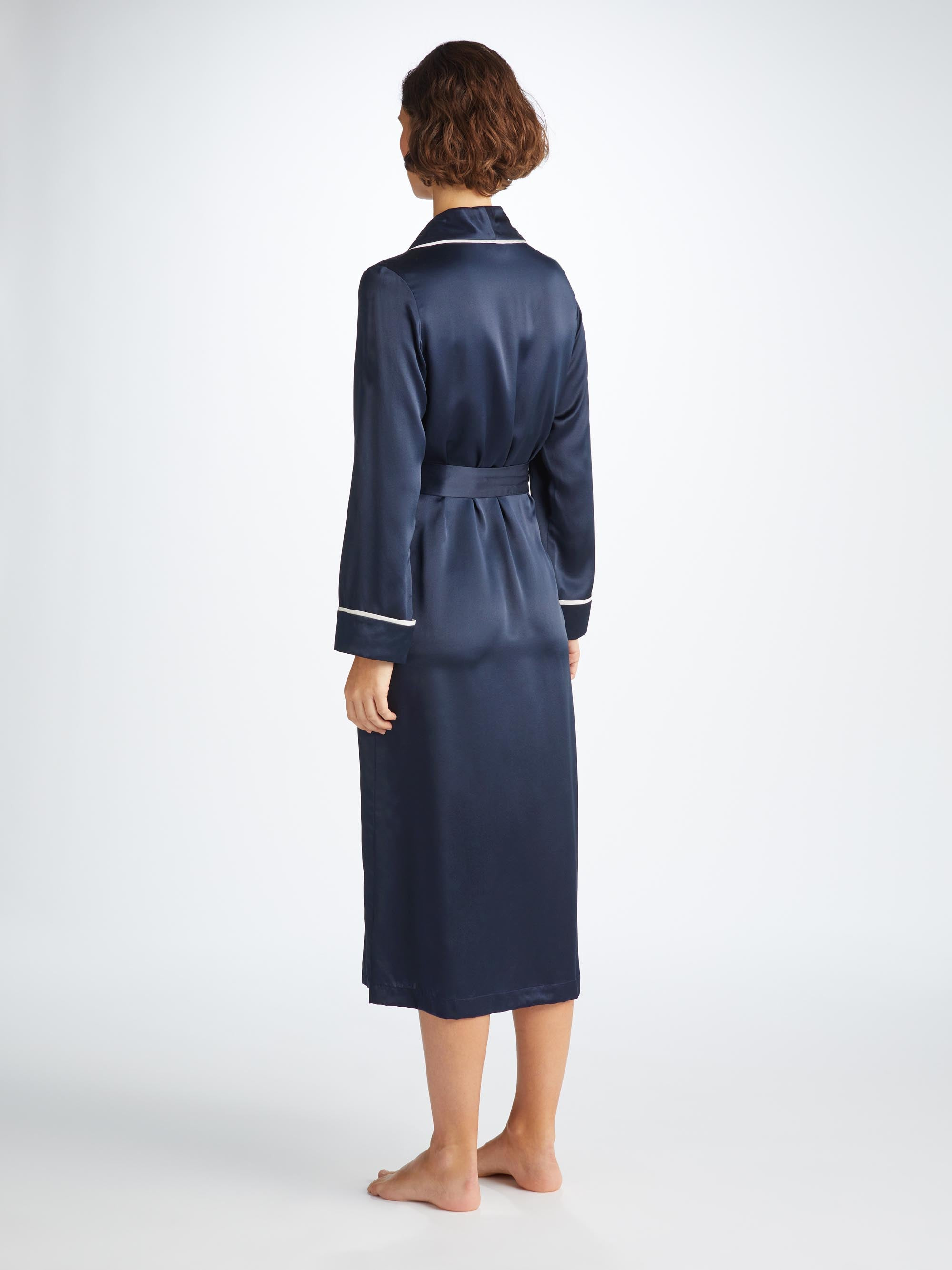 Women's Long Dressing Gown Bailey Silk Satin Navy - 4