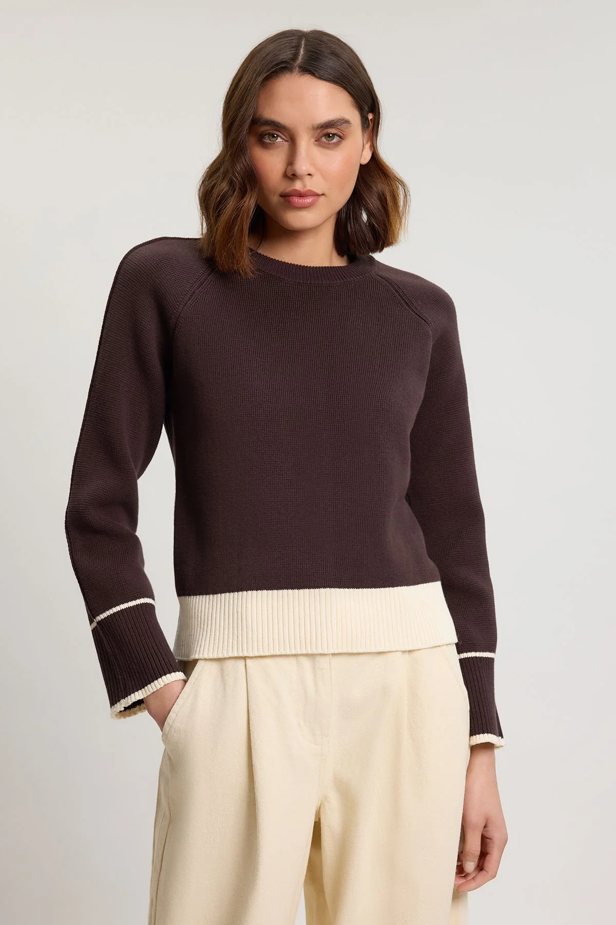 Knit Cotton Contrast Tipped Crew Neck Jumper - 1