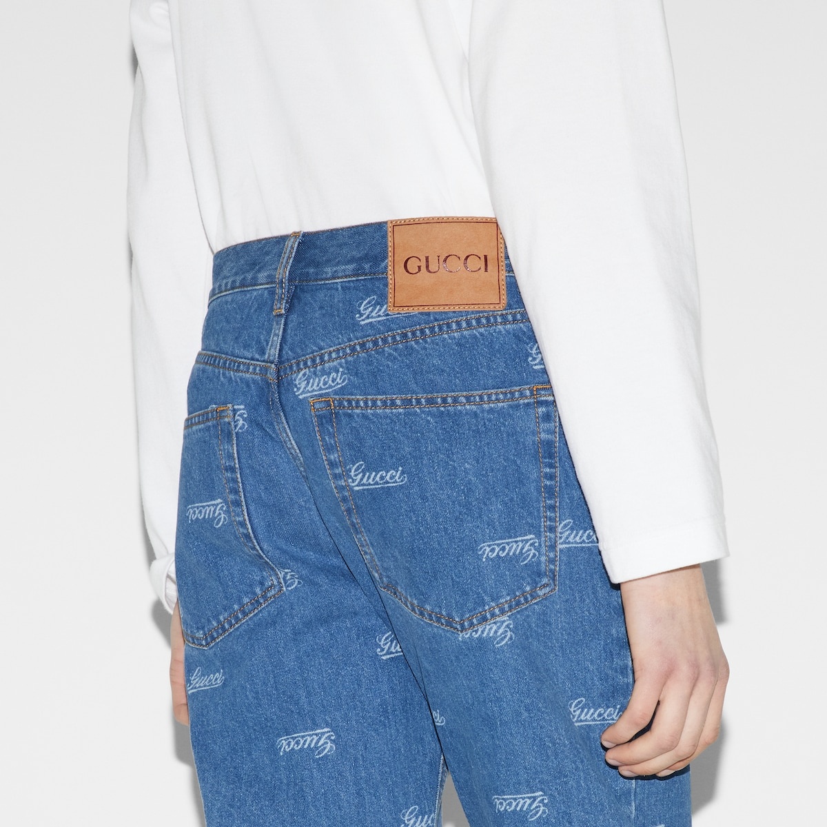 Denim pant with lasered Gucci detail - 5