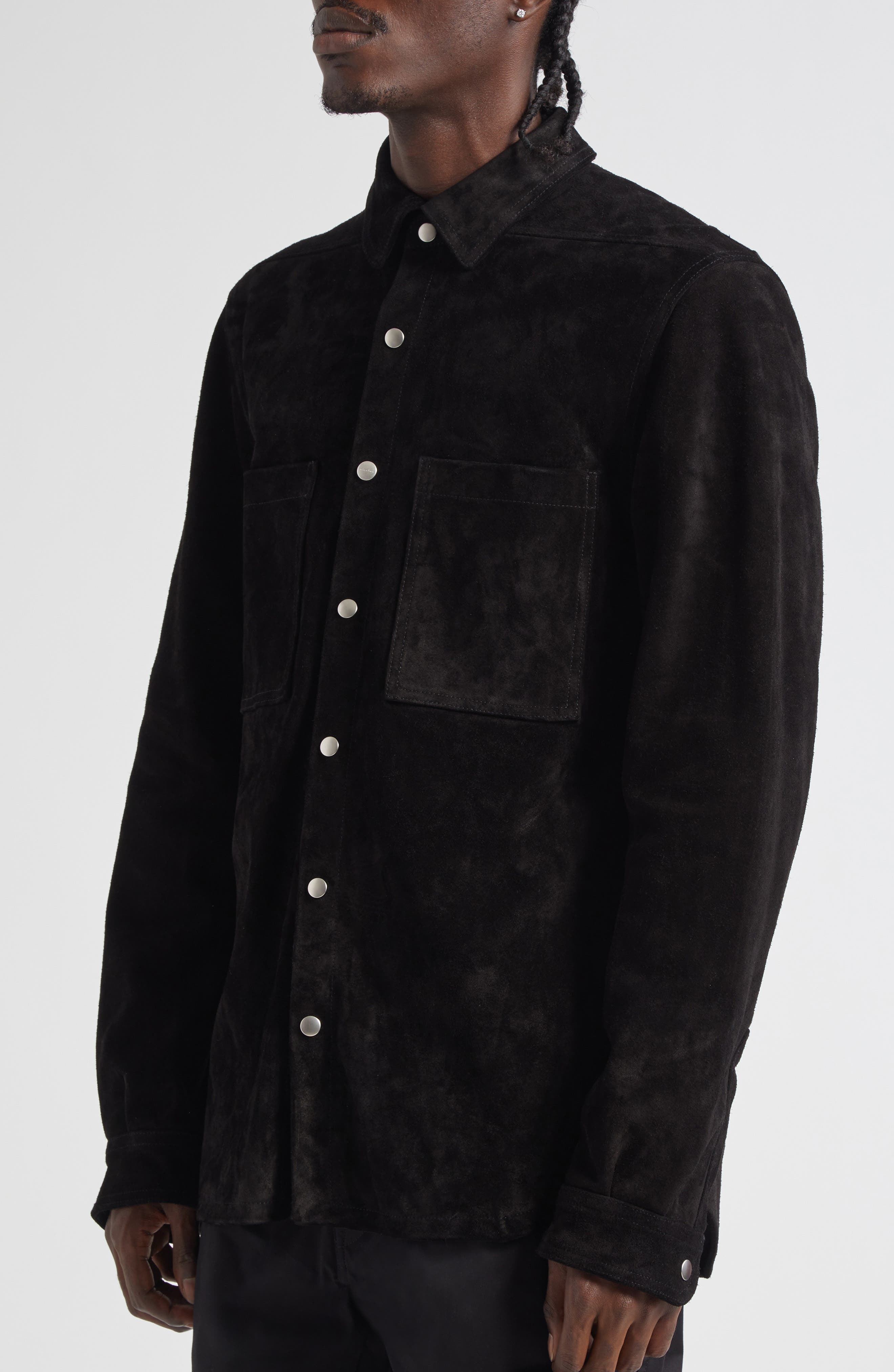 Rick Owens Suede Snap-Up Overshirt in Black at Nordstrom - 5
