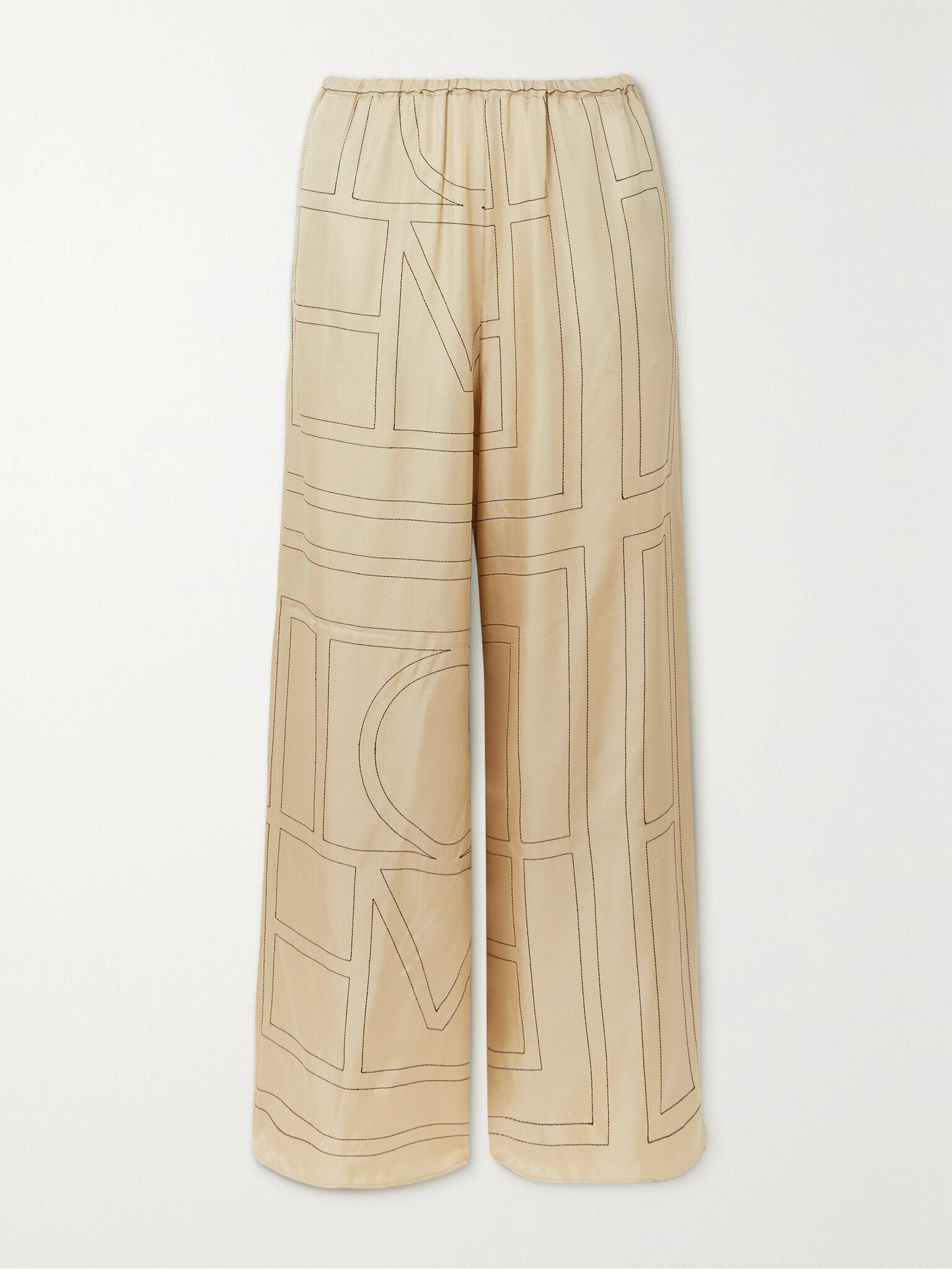 Embroidered silk-twill wide-leg pants Ivory - 1