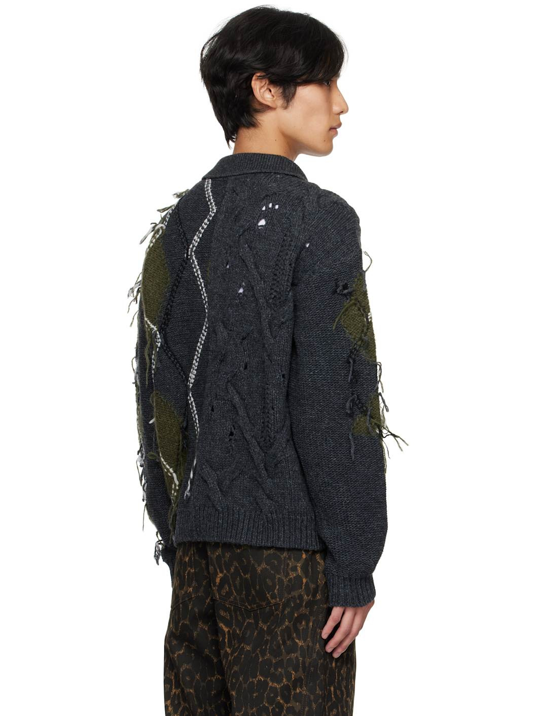 Gray & Green Argyle Fisherman Polo Sweater - 3