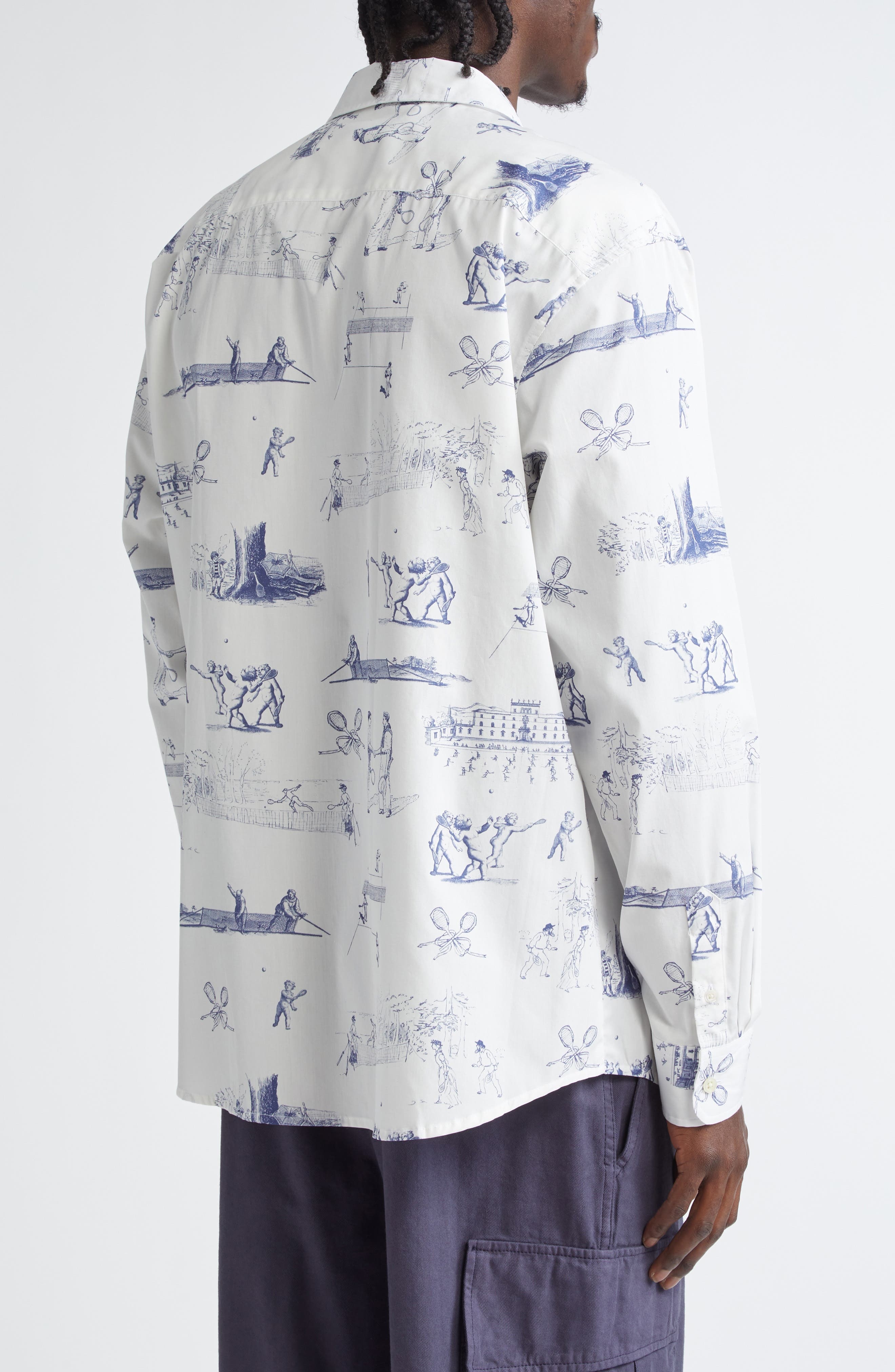 PALMES Tennis Print Cotton Poplin Button-Up Shirt in White at Nordstrom - 3
