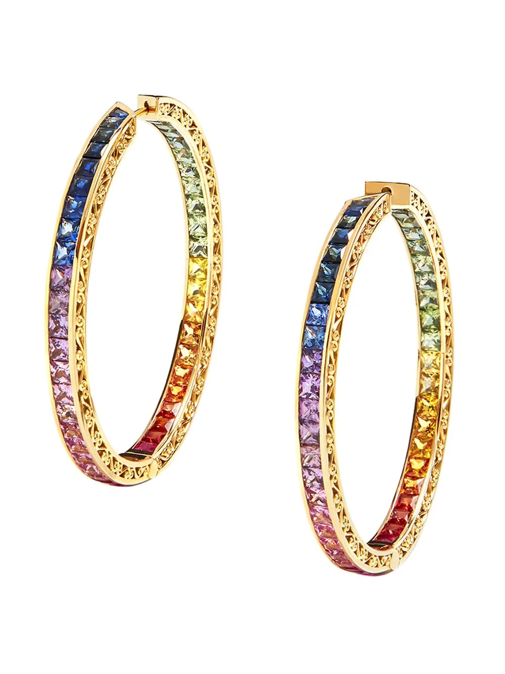 18kt yellow gold diamond sapphire rainbow hoops - 1