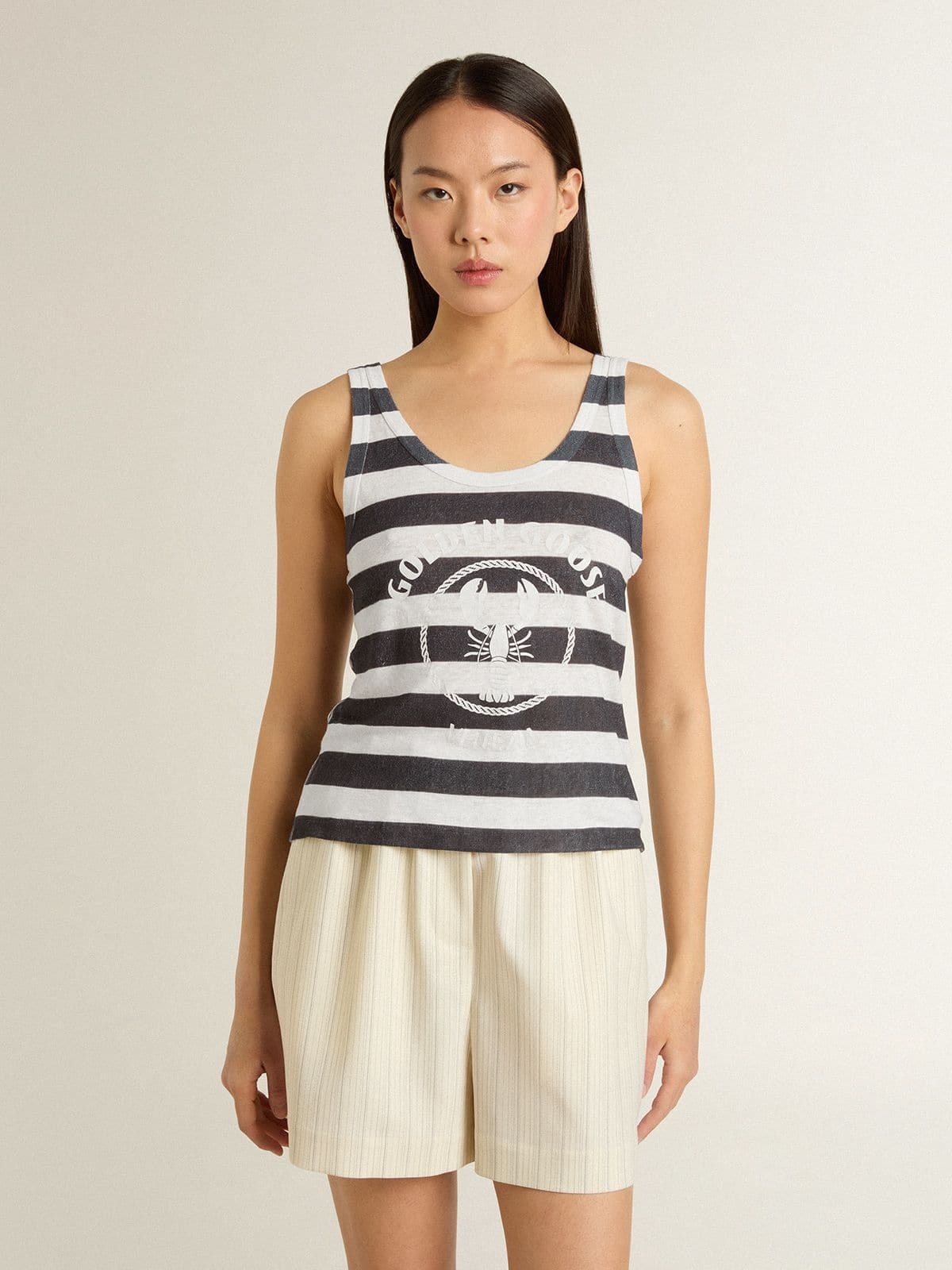 Women's white and blue striped linen jersey top with lobster print - 2