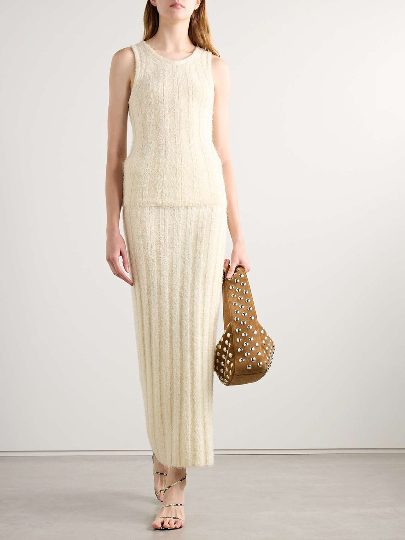 KHAITE Claire ribbed brushed silk and cashmere-blend midi skirt Cream outlook