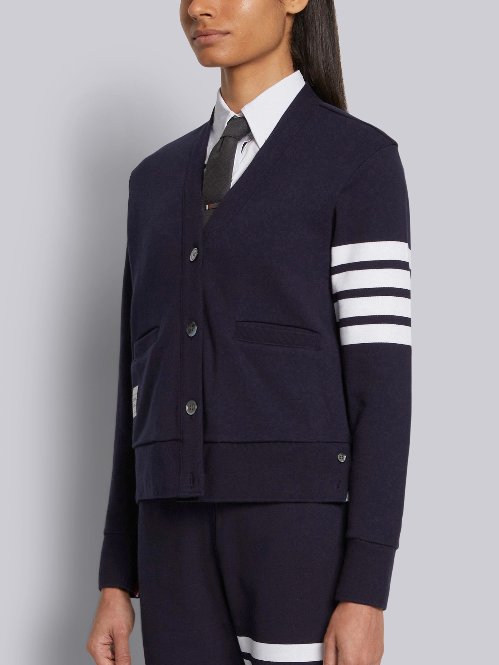 Navy Classic Loop Back Engineered 4-bar V-neck Cardigan - 2