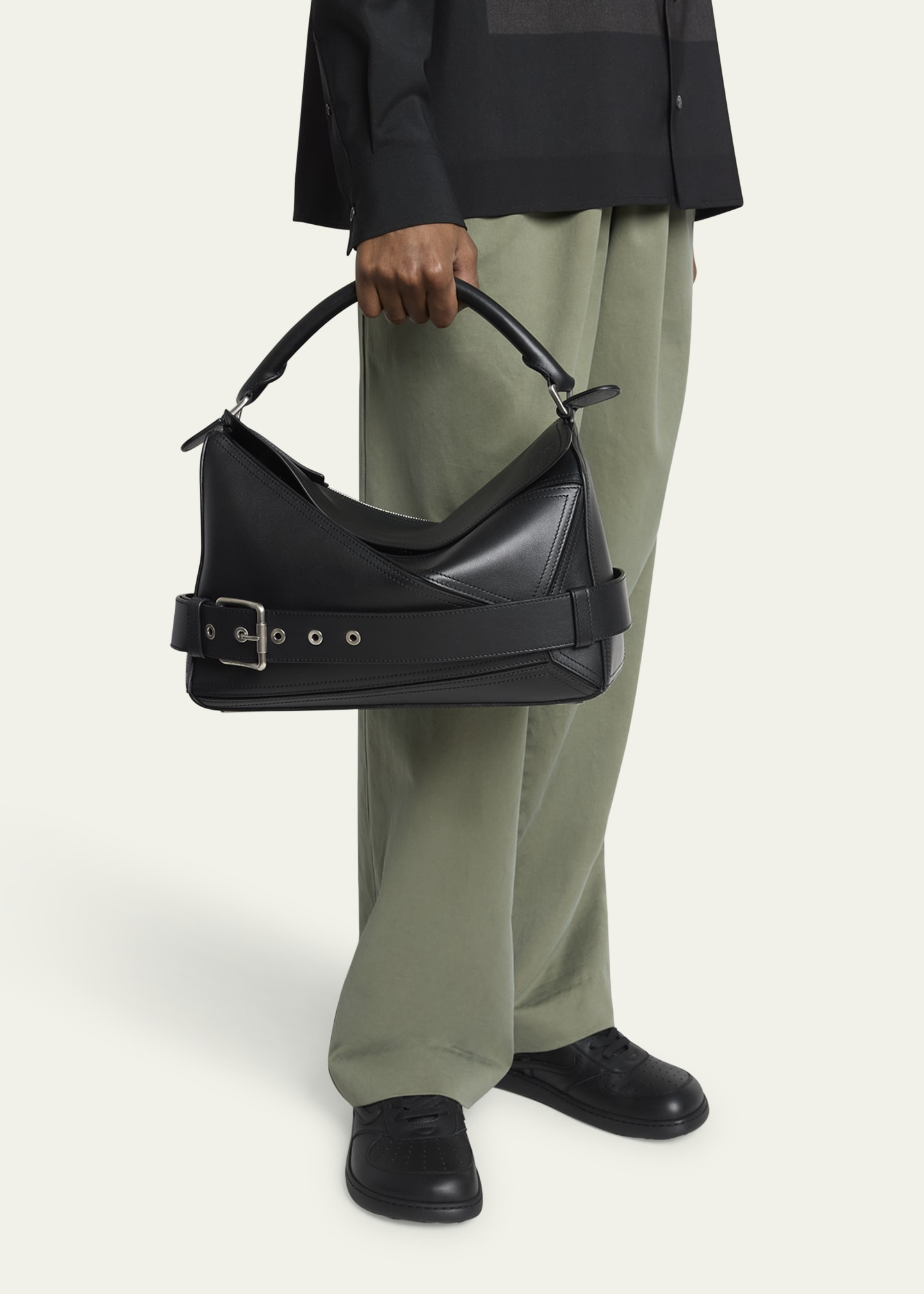 Men's Large Leather Biker Puzzle Shoulder Bag - 2
