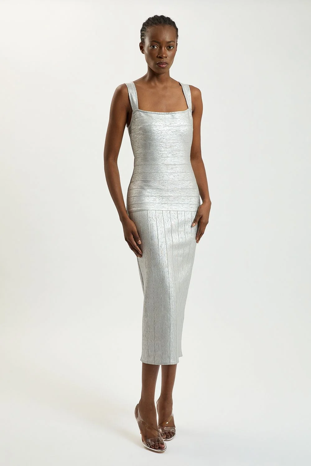 Foil Metallic Figure Form Bandage Strappy Knit Maxi Dress - 1