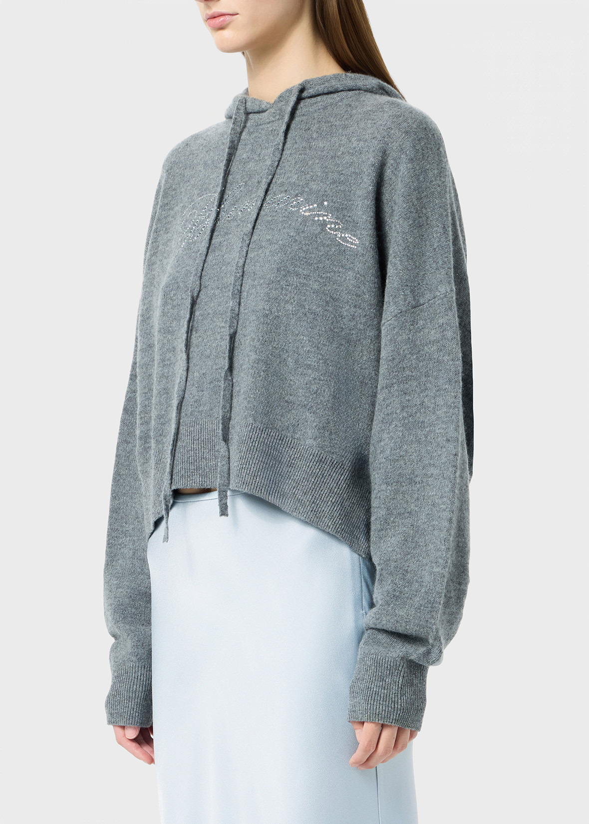 WOOL HOODED SWEATER WITH RHINESTONE LOGO - 5
